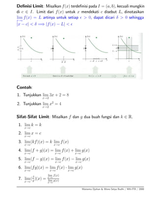 Deﬁnisi Limit: Misalkan f(x) terdeﬁnisi pada I = (a, b), kecuali mungkin
di c ∈ I. Limit dari f(x) untuk x mendekati c disebut L, dinotasikan
lim
x→c
f(x) = L artinya untuk setiap > 0, dapat dicari δ > 0 sehingga
|x − c| < δ =⇒ |f(x) − L| <
Contoh:
1. Tunjukkan lim
x→2
3x + 2 = 8
2. Tunjukkan lim
x→2
x2
= 4
Sifat-Sifat Limit: Misalkan f dan g dua buah fungsi dan k ∈ R.
1. lim
x→c
k = k
2. lim
x→c
x = c
3. lim
x→c
(kf)(x) = k lim
x→c
f(x)
4. lim
x→c
(f + g)(x) = lim
x→c
f(x) + lim
x→c
g(x)
5. lim
x→c
(f − g)(x) = lim
x→c
f(x) − lim
x→c
g(x)
6. lim
x→c
(fg)(x) = lim
x→c
f(x) · lim
x→c
g(x)
7. lim
x→c
(f
g )(x) =
lim
x→c
f(x)
lim
x→c
g(x)
Warsoma Djohan & Wono Setya Budhi / MA-ITB / 2008
 