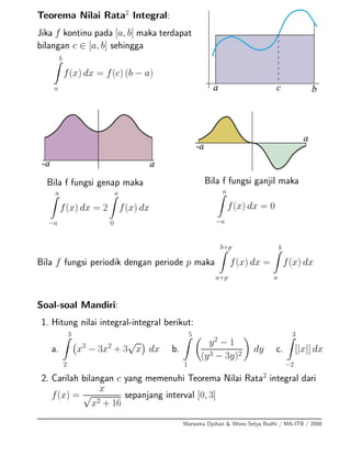 Teorema Nilai Rata2
Integral:
Jika f kontinu pada [a, b] maka terdapat
bilangan c ∈ [a, b] sehingga
b
a
f(x) dx = f(c) (b − a)
Bila f fungsi genap maka
a
−a
f(x) dx = 2
a
0
f(x) dx
Bila f fungsi ganjil maka
a
−a
f(x) dx = 0
Bila f fungsi periodik dengan periode p maka
b+p
a+p
f(x) dx =
b
a
f(x) dx
Soal-soal Mandiri:
1. Hitung nilai integral-integral berikut:
a.
3
2
x3
− 3x2
+ 3
√
x dx b.
5
1
y2
− 1
(y3 − 3y)2
dy c.
3
−2
[|x|] dx
2. Carilah bilangan c yang memenuhi Teorema Nilai Rata2
integral dari
f(x) =
x
√
x2 + 16
sepanjang interval [0, 3]
Warsoma Djohan & Wono Setya Budhi / MA-ITB / 2008
 