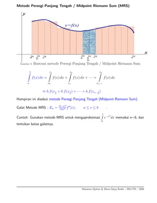 Metode Persegi Panjang Tengah / Midpoint Riemann Sum (MRS)
x0
x1
xn
xi-1
xi
x
y
y=f(x)
x1/2
xi-1/2
Gambar 3: Ilustrasi metode Persegi Panjang Tengah / Midpoint Riemann Sum
b
a
f(x) dx =
x1
x0
f(x) dx +
x2
x1
f(x) dx + · · · +
xn
xn−1
f(x) dx
≈ h f(x1
2
+ h f(x3
2
) + · · · + h f(xn−1
2
)
Hampiran ini disebut metode Persegi Panjang Tengah (Midpoint Riemann Sum).
Galat Metode MRS : En = (b−a)3
24n2 f (c), a ≤ c ≤ b .
Contoh: Gunakan metode MRS untuk mengaproksimasi
1
0
e−x2
dx memakai n=6, dan
tentukan batas galatnya.
Warsoma Djohan & Wono Setya Budhi / MA-ITB / 2008
 
