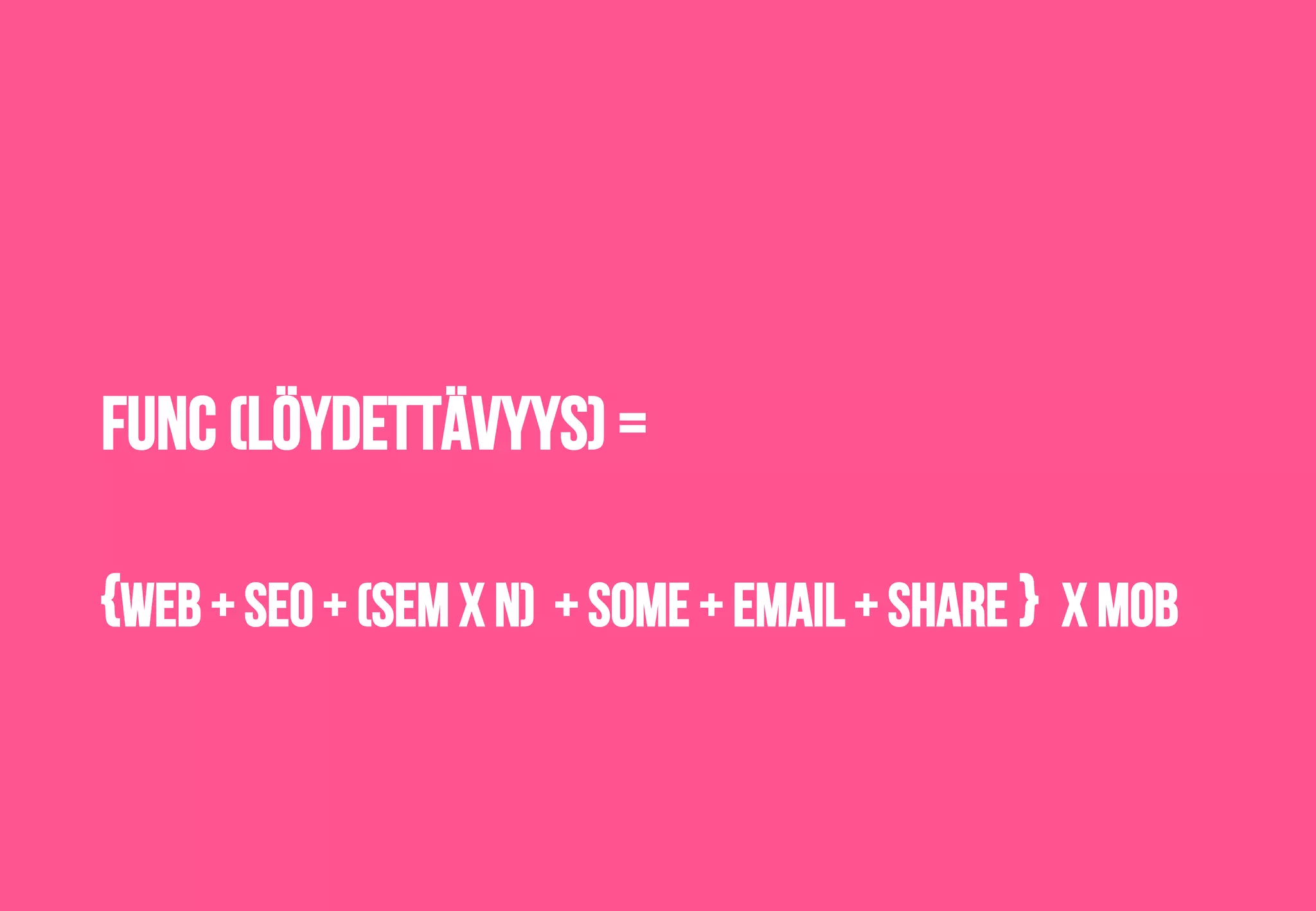 FUNC (LÖYDETTÄVYYS) =
{WEB + SEO + (SEM X N) + SOME + EMAIL + SHARE } X MOB
 