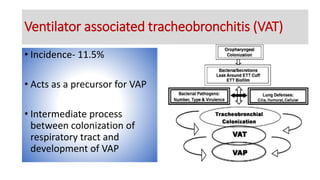 • Incidence- 11.5%
• Acts as a precursor for VAP
• Intermediate process
between colonization of
respiratory tract and
development of VAP
Ventilator associated tracheobronchitis (VAT)
 