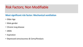 Most significant risk factor: Mechanical ventilation
• Older Age
• Male gender
• Chronic lung disease
• ARDS
• Aspiration
• Depressed consciousness & Coma/Paralysis
Risk Factors; Non Modifiable
 