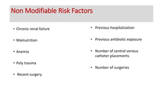 • Chronic renal failure
• Malnutrition
• Anemia
• Poly trauma
• Recent surgery
• Previous hospitalization
• Previous antibiotic exposure
• Number of central venous
catheter placements
• Number of surgeries
Non Modifiable Risk Factors
 