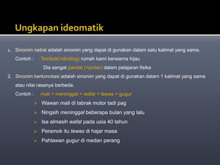 1. Sinonim netral adalah sinonim yang dapat di gunakan dalam satu kalimat yang sama.
Contoh : Tembok(=dinding) rumah kami berwarna hijau
Dia sangat pandai (=pintar) dalam pelajaran fisika
2. Sinonim berkonotasi adalah sinonim yang dapat di gunakan dalam 1 kalimat yang sama
atau nilai rasanya berbeda.
Contoh : mati = meninggal = wafat = tewas = gugur
 Wawan mati di tabrak motor tadi pag
 Ningsih meninggal beberapa bulan yang lalu
 Isa almasih wafat pada usia 40 tahun
 Peramok itu tewas di hajar masa
 Pahlawan gugur di medan perang
 