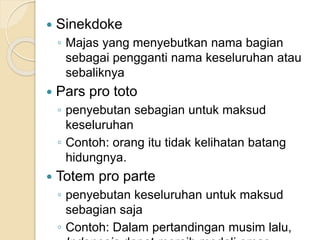  Sinekdoke
◦ Majas yang menyebutkan nama bagian
sebagai pengganti nama keseluruhan atau
sebaliknya
 Pars pro toto
◦ penyebutan sebagian untuk maksud
keseluruhan
◦ Contoh: orang itu tidak kelihatan batang
hidungnya.
 Totem pro parte
◦ penyebutan keseluruhan untuk maksud
sebagian saja
◦ Contoh: Dalam pertandingan musim lalu,
 