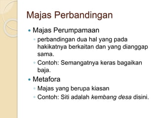 Majas Perbandingan
 Majas Perumpamaan
◦ perbandingan dua hal yang pada
hakikatnya berkaitan dan yang dianggap
sama.
◦ Contoh: Semangatnya keras bagaikan
baja.
 Metafora
◦ Majas yang berupa kiasan
◦ Contoh: Siti adalah kembang desa disini.
 