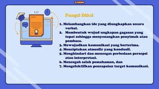 Fungsi Diksi
1. Melambangkan ide yang diungkapkan secara
verbal.
2. Membentuk wujud ungkapan gagasan yang
tepat sehingga menyenangkan penyimak atau
pembaca.
3. Mewujudkan komunikasi yang berterima.
4. Menciptakan atmosfir yang kondusif.
5. Menghindari dan mencegas perbedaan persepsi
atau interpretasi.
6. Mencegah salah pemahaman, dan
7. Mengefektifkan pencapaian target komunikasi.
 
