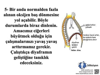 5- Bir anda normalden fazla
alınan oksijen baş dönmesine
yol açabilir. Böyle
durumlarda biraz dinlenin.
Amacımız ciğerleri
büyütmek olduğu için
çalışmalarınızı yavaş yavaş
arttırmamız gerekir.
Çalıştıkça diyaframın
geliştiğine tanıklık
edeceksiniz.
 