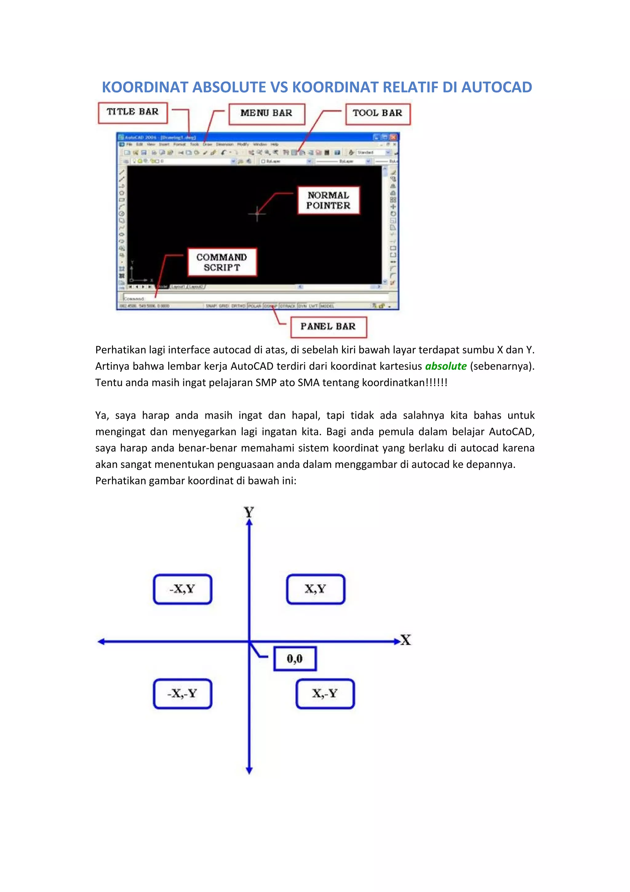  KOORDINAT ABSOLUTE VS KOORDINAT RELATIF DI AUTOCAD

 
Perhatikan lagi interface autocad di atas, di sebelah kiri bawah layar terdapat sumbu X dan Y. 
Artinya bahwa lembar kerja AutoCAD terdiri dari koordinat kartesius absolute (sebenarnya). 
Tentu anda masih ingat pelajaran SMP ato SMA tentang koordinatkan!!!!!! 
 
Ya,  saya  harap  anda  masih  ingat  dan  hapal,  tapi  tidak  ada  salahnya  kita  bahas  untuk 
mengingat  dan  menyegarkan  lagi  ingatan  kita.  Bagi  anda  pemula  dalam  belajar  AutoCAD, 
saya harap anda benar‐benar memahami sistem koordinat yang berlaku di autocad karena 
akan sangat menentukan penguasaan anda dalam menggambar di autocad ke depannya. 
Perhatikan gambar koordinat di bawah ini: 
 

 

 
