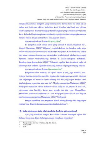 DIKTAT DASAR-DASAR LOGIKA
Oleh: Drs. Ade Munajat, M.Hum.
Untuk digunakan dalam lingkungan sendiri
pada perkuliahan Dasar-Dasa Logika
di Jurusan Ilmu Pemerintahan/Administrasi Negara
Sekolah Tinggi Ilmu Sosial dan Ilmu Politik (STISIP) Widyapuri Mandiri Sukabumi
_________________________________________________________________________________________
menghadirkan benda kongkret yang bernama kursi karena kursi itu telah ada di
dalam akal budi atau pikiran. Kehadiran kursi di dalam akal budi atau pikiran
ialah karena panca indera menangkap benda kongkret yang kemudian diberi nama
kursi. Lalu akal budi atau pikiran memberinya pengertian dan mengungkapkannya
melalui bahasa dengan konsep kursi atau gagasan lainnya.
Apa yang dimaksud dengan isi pengertian?
Isi pengertian ialah semua unsur yang termuat di dalam pengertian itu15
.
Contoh: Mahasiswa STISIP Widyapuri. Apabila kalimat itu diuraikan maka akan
terdiri dari unsur-unsur mahasiswa dan STISIP Widyapuri. Kata mahasiswa terdiri
dari unsur: manusia-dewasa-yang melanjutkan pendidikan-di sekolah tinggi-yang
bernama STISIP Widyapuri-yang terletak di Cisaat-Kabupaten Sukabumi.
Demikan juga dengan kata STISIP Widyapuri, apabila kata itu diurai maka di
dalamnya akan terdapat sejumlah unsur yang memuat isi pengertian yang relevan.
Apa yang dimaksud dengan luas pengertian?
Pengertian selain memiliki isi seperti terurai di atas, juga memiliki luas.
Artinya tiap-tiap pengertian memiliki lingkup dan lingkungannya sendiri. Lingkup
dan lingkungan itu berisikan semua barang atau hal yang dapat ditunjuk atau
disebut dengan pengertian atau kata itu16
. Misalnya pengertian Mahasiswa STISIP
Widyapuri mencakup semua mahasiswa baik yang ada di jurusan IP atau AN,
perempuan atau laki-laki, kurus atau gemuk, tak ada yang dikecualikan.
Mahasiswa selain dari Mahasiswa STISIP Widyapuri semua itu di luar lingkup
dan lingkungan pengertian Mahasiswa STISIP Widyapuri.
Dengan demikian luas pengertian adalah barang-barang atau lingkungan
realitas yang ditunjuk dengan pengertian atau kata tertentu17
.
B. Kata, pembagian kata, nilai rasa kata dan kata-kata emosional
Apa yang dimaksud dengan kata dalam konteks hubungan logika dan
bahasa, khususnya dalam hubungan dengan penjelasan pengertian?
15
Poespoprodjo dan EK. T. Gilarso. Op. Cit. hal 52.
16
Ibid. hal 54.
17
Ibid.
__________________________________________________________________________________________Page 10
of 41
 