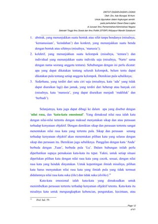 DIKTAT DASAR-DASAR LOGIKA
Oleh: Drs. Ade Munajat, M.Hum.
Untuk digunakan dalam lingkungan sendiri
pada perkuliahan Dasar-Dasa Logika
di Jurusan Ilmu Pemerintahan/Administrasi Negara
Sekolah Tinggi Ilmu Sosial dan Ilmu Politik (STISIP) Widyapuri Mandiri Sukabumi
_________________________________________________________________________________________
1. abstrak, yang menunjukkan suatu bentuk atau sifat tanpa bendanya (misalnya,
‘kemanusiaan’, ‘keindahan’) dan konkret, yang menunjukkan suatu benda
dengan bentuk atau sifatnya (misalnya, ‘manusia’);
2. kolektif, yang menunjukkan suatu kelompok (misalnya, ‘tentara’) dan
individual yang menunjukkan suatu individu saja (misalnya, ‘Narto’ sama
dengan nama seorang anggota tentara). Sehubungan dengan ini perlu dicatat:
apa yang dapat dikatakan tentang seluruh kelompok, belum tentu dapat
dikatakan pula tentang setiap anggota kelompok. Demikian pula sebaliknya;
3. Sederhana, yang terdiri dari satu ciri saja (misalnya, kata ‘ada’ yang tidak
dapat diuraikan lagi) dan jamak, yang terdiri dari beberap atau banyak ciri
(misalnya, kata ‘manusia’, yang dapat diuraikan menjadi ‘makhluk’ dan
‘berbudi’).
Selanjutnya, kata juga dapat dibagi ke dalam apa yang disebut dengan
‘nilai rasa, dan ‘kata-kata emosional’. Yang dimaksud nilai rasa ialah kata
dengan nilai-nilai tertentu dengan maksud menyatakan sikap dan atau perasaan
terhadap kenyataan objektif. Dengan demikian sikap dan perasaan tertentu sangat
menentukan nilai rasa kata yang tertentu pula. Sikap dan perasaan senang
terhadap kenyataan objektif akan menentukan pilihan kata yang selaras dengan
sikap dan perasaan itu. Demikian juga sebaliknya. Panggilan dengan kata ‘Anda’
berbeda dengan ,Tuan’, berbeda pula ‘Lu’. Dalam hubungan inilah perlu
diperhatikan supaya pemakaian kata-kata itu tepat. Yakni, untuk setiap situasi
diperlukan pilihan kata dengan nilai rasa kata yang cocok, sesuai, dengan nilai
rasa kata yang hendak dinyatakan. Untuk kepentingan ilmiah misalnya, pilihan
kata harus menyatakan nilai rasa kata yang ilmiah pula yang tidak termuat
didalamnya nilai rasa kata suka (like) dan tidak suka (dislike).19
Kata-kata emosional ialah kata-kata yang dimaksudkan untuk
menimbulkan perasaan tertentu terhadap kenyataan objektif tetentu. Kata-kata itu
misalnya kata untuk mengungkapkan kebencian, pengutukan, kecintaan, atau
19
Ibid. hal. 59.
__________________________________________________________________________________________Page 12
of 41
 