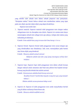 DIKTAT DASAR-DASAR LOGIKA
Oleh: Drs. Ade Munajat, M.Hum.
Untuk digunakan dalam lingkungan sendiri
pada perkuliahan Dasar-Dasa Logika
di Jurusan Ilmu Pemerintahan/Administrasi Negara
Sekolah Tinggi Ilmu Sosial dan Ilmu Politik (STISIP) Widyapuri Mandiri Sukabumi
_________________________________________________________________________________________
yang dimilki oleh sebuah term dalam sebuah proposisi atau pernyataan.
“Ketepatan makna” berarti bahwa sebuah term memberikan makna yang tepat
pada satu objek saja dari objek-objek yang dapat diwakilinya.
Suposisi term terdiri dari:
1. Suposisi material. Suposisi material ialah penggunaan term dengan makna
sebagaimana term itu diucapkan atau ditulis. Suposisi ini semata-mata hanya
menerangkan sebuah term sebagai term apa adanya, terlepas dari makna yang
terkandung di dalamnya.
Contoh: Cinta adalah kata yang tersusun dari lima hurup c-i-n-t-a.
2. Suposisi formal. Suposisi formal ialah penggunaan term sesuai dengan apa
yang dimaksudkan atau ditandainya. Jadi, term, menunjukkan pada bentuk
atau forma objek yang dimaksud.
Contoh: Manusia adalah animal rational.
Ballpoint adalah alat tulis yang ujung runcingnya terbuat dari
bolabesi.
3. Suposisi logis. Suposisi logis ialah penggunaan term dalam sebuah konsep
dengan maksud untuk menuntun akal budi atau pikiran kita kepada konsep-
konsep yang bersifat abstrak dan melulu rasional.
Contoh: Kemanusiaan adalahsebuah konsep universal.
Keadilan berarti”memberikan kepada orang lain apa yang menjadi
haknya”.
Hukum adalah sarana penataan hidup sosial.
4. Suposisi ril. Suposisi ril ialah penggunaan term untuk menyebutkan hal-hal
yang di dalam realitasnya benar-benar ada.
Contoh: Manusia adalah makhluk mortal.
__________________________________________________________________________________________Page 16
of 41
 