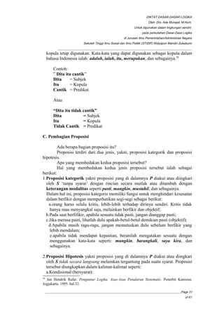 DIKTAT DASAR-DASAR LOGIKA
Oleh: Drs. Ade Munajat, M.Hum.
Untuk digunakan dalam lingkungan sendiri
pada perkuliahan Dasar-Dasa Logika
di Jurusan Ilmu Pemerintahan/Administrasi Negara
Sekolah Tinggi Ilmu Sosial dan Ilmu Politik (STISIP) Widyapuri Mandiri Sukabumi
_________________________________________________________________________________________
kopula tetap digunakan. Kata-kata yang dapat digunakan sebagai kopula dalam
bahasa Indonesia ialah: adalah, ialah, itu, merupakan, dan sebagainya.38
Contoh:
” Dita itu cantik”
Dita = Subjek
Itu = Kopula
Cantik = Predikat
Atau
“Dita itu tidak cantik”
Dita = Subjek
Itu = Kopula
Tidak Cantik = Predikat
C. Pembagian Proposisi
Ada berapa bagian proposisi itu?
Proposisi terdiri dari dua jenis, yakni, proposisi kategorik dan proposisi
hipotesis.
Apa yang membedakan kedua proposisi tersebut?
Hal yang membedakan kedua jenis proposisi tersebut ialah sebagai
berikut:
1.Proposisi kategorik yakni proposisi yang di dalamnya P diakui atau diingkari
oleh S ‘tanpa syarat’ dengan rincian secara mutlak atau ditambah dengan
keterangan modalitas seperti pasti, mungkin, mustahil, dan sebagainya.
Dalam hal ini, proposisi kategoris memiliki fungsi untuk menghindari kesesatan
dalam berfikir dengan memperhatikan segi-segi sebagai berikut:
a.orang harus selalu kritis, lebih-lebih terhadap dirinya sendiri. Kritis tidak
hanya mau menyangkal saja, melainkan berfikir dan objektif;
b.Pada saat berfifikir, apabila sesuatu tidak pasti, jangan dianggap pasti;
c.Jika merasa pasti, lihatlah dulu apakah-betul-betul demikian pasti (objektif);
d.Apabila masih ragu-ragu, jangan memutuskan dulu sebelum berfikir yang
lebih mendalam;
e.apabila tidak mendapat kepastian, beranilah mengatakan sesuatu dengan
menggunakan kata-kata seperti: mungkin, barangkali, saya kira, dan
sebagainya.
2.Proposisi Hipotesis yakni proposisi yang di dalamnya P diakui atau diingkari
oleh S tidak secara langsung melainkan tergantung pada suatu syarat. Proposisi
tersebut diungkapkan dalam kalimat-kalimat seperti:
a.Kondisional (bersyarat):
38
Jan Hendrik Rafar. Pengantar Logika. Asas-Asas Penalaran Sistematis. Penerbit Kanisius.
Jogjakarta. 1995. hal.32.
__________________________________________________________________________________________Page 31
of 41
 