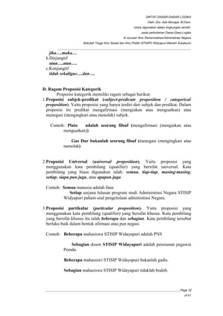 DIKTAT DASAR-DASAR LOGIKA
Oleh: Drs. Ade Munajat, M.Hum.
Untuk digunakan dalam lingkungan sendiri
pada perkuliahan Dasar-Dasa Logika
di Jurusan Ilmu Pemerintahan/Administrasi Negara
Sekolah Tinggi Ilmu Sosial dan Ilmu Politik (STISIP) Widyapuri Mandiri Sukabumi
_________________________________________________________________________________________
jika….maka…
b.Disjungtif
atau….atau….
c.Konjungtif
tidak sekaligus….dan….
D. Ragam Proposisi Kategorik
Proposisi kategorik memiliki ragam sebagai berikut:
1.Proposisi subjek-predikat (subject-predicate proposition / categorical
proposition). Yaitu proposisi yang hanya terdiri dari subjek dan predikat. Dalam
proposisi ini predikat mengafirmasi (mengiakan atau menguatkan) atau
menegasi (mengingkari atau menolak) subjek.
Contoh: Plato adalah seorang filsuf (mengafirmasi (mengiakan atau
menguatkan))
Gus Dur bukanlah seorang filsuf (menegasi (mengingkari atau
menolak)
2.Proposisi Universal (universal proposition). Yaitu proposisi yang
menggunakan kata pembilang (quatifier) yang bersifat universal. Kata
pembilang yang biasa digunakan ialah: semua, tiap-tiap, masing-masing,
setiap, siapa pun juga, atau apapun juga.
Contoh: Semua manusia adalah fana
Setiap sarjana lulusan program studi Administrasi Negara STISIP
Widyapuri paham soal pengelolaan administrasi Negara.
3.Proposisi partikular (particular proposition). Yaitu proposisi yang
menggunakan kata pembilang (quatifier) yang bersifat khusus. Kata pembilang
yang bersifat khusus itu ialah beberapa dan sebagian. Kata pembilang tersebut
berlaku baik dalam bentuk afirmasi atau pun negasi.
Contoh: Beberapa mahasiswa STISIP Widayapuri adalah PNS
Sebagian dosen STISIP Widayapuri adalah pensiunan pegawai
Pemda.
Beberapa mahasiswi STISIP Widayapuri bukanlah gadis.
Sebagian mahasiswa STISIP Widayapuri tidaklah bodoh.
__________________________________________________________________________________________Page 32
of 41
 