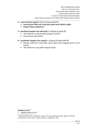 DIKTAT DASAR-DASAR LOGIKA
Oleh: Drs. Ade Munajat, M.Hum.
Untuk digunakan dalam lingkungan sendiri
pada perkuliahan Dasar-Dasa Logika
di Jurusan Ilmu Pemerintahan/Administrasi Negara
Sekolah Tinggi Ilmu Sosial dan Ilmu Politik (STISIP) Widyapuri Mandiri Sukabumi
_________________________________________________________________________________________
E = universal dan negatif (=Semua S bukan/tidak P)
• Seorang pun tidak ada yang lulus ujian mata kuliah Logika
• Pelajar bukan mahasiswa
I = partikular/singular dan afirmatif (= Sebagian S adalah P)
• Ada mahasiswa yang menjadi pengguna narkoba
• Orang Sunda suka dandan
O = partikular/singular dan negatif (= Sebagian S bukan/tidak P)
• Banyak mahasiswa yang tidak cukup sadar akan tanggung jawab sosial
mereka
• Ada mahasiswa yang tidak mengerti logika
Pelatihan Soa l39
1. Apakah proposisi itu?
39
Soal diambil dari Drs. H.Mundiri. Logika. PT. Praja Grafindo Persada. Jakarta. 1994 dan
E.Sumaryono. Dasar-Dasar Logika. Kanisius. Yogyakarta. 1998
__________________________________________________________________________________________Page 35
of 41
 