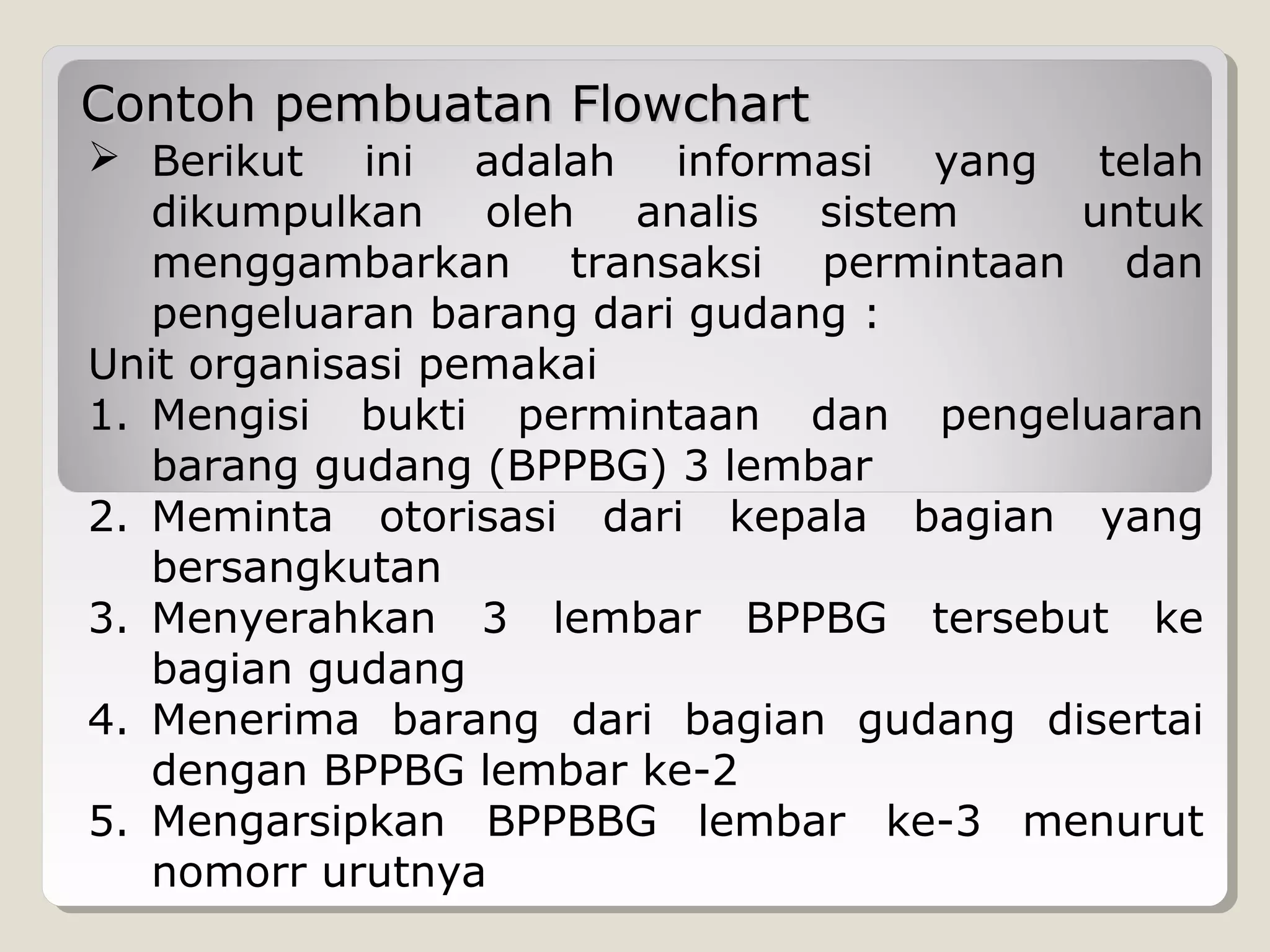 Contoh pembuatan Flowchart

 Berikut ini adalah informasi yang telah
dikumpulkan oleh analis sistem
untuk
menggambarkan transaksi permintaan dan
pengeluaran barang dari gudang :
Unit organisasi pemakai
1. Mengisi bukti permintaan dan pengeluaran
barang gudang (BPPBG) 3 lembar
2. Meminta otorisasi dari kepala bagian yang
bersangkutan
3. Menyerahkan 3 lembar BPPBG tersebut ke
bagian gudang
4. Menerima barang dari bagian gudang disertai
dengan BPPBG lembar ke-2
5. Mengarsipkan BPPBBG lembar ke-3 menurut
nomorr urutnya

 