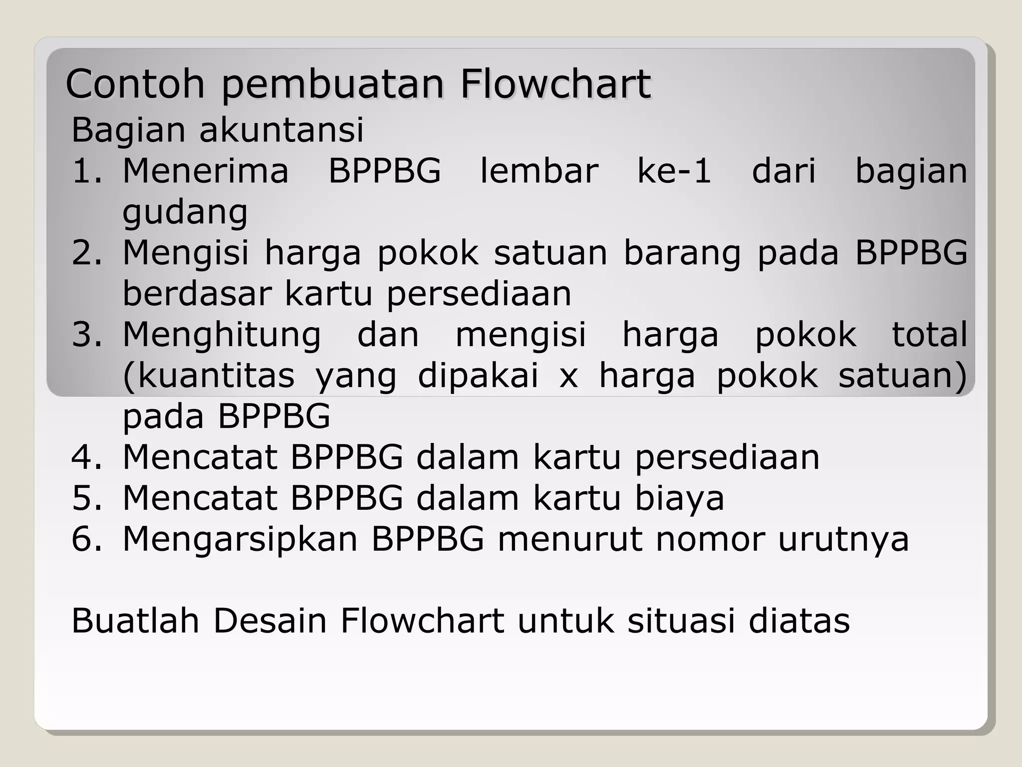 Contoh pembuatan Flowchart

Bagian akuntansi
1. Menerima BPPBG lembar ke-1 dari bagian
gudang
2. Mengisi harga pokok satuan barang pada BPPBG
berdasar kartu persediaan
3. Menghitung dan mengisi harga pokok total
(kuantitas yang dipakai x harga pokok satuan)
pada BPPBG
4. Mencatat BPPBG dalam kartu persediaan
5. Mencatat BPPBG dalam kartu biaya
6. Mengarsipkan BPPBG menurut nomor urutnya
Buatlah Desain Flowchart untuk situasi diatas

 