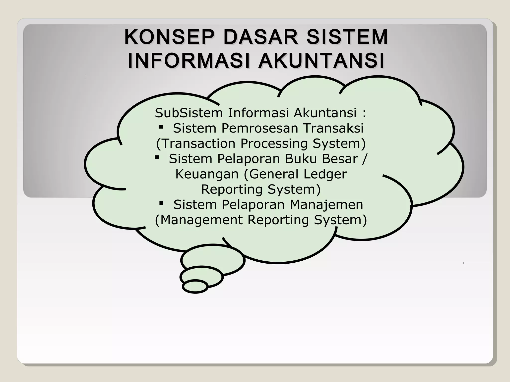 KONSEP DASAR SISTEM
INFORMASI AKUNTANSI
SubSistem Informasi Akuntansi :
 Sistem Pemrosesan Transaksi
(Transaction Processing System)
 Sistem Pelaporan Buku Besar /
Keuangan (General Ledger
Reporting System)
 Sistem Pelaporan Manajemen
(Management Reporting System)

 