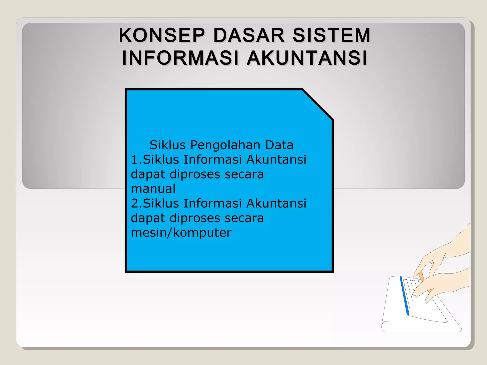 KONSEP DASAR SISTEM
INFORMASI AKUNTANSI

Siklus Pengolahan Data
1.Siklus Informasi Akuntansi
dapat diproses secara
manual
2.Siklus Informasi Akuntansi
dapat diproses secara
mesin/komputer

 