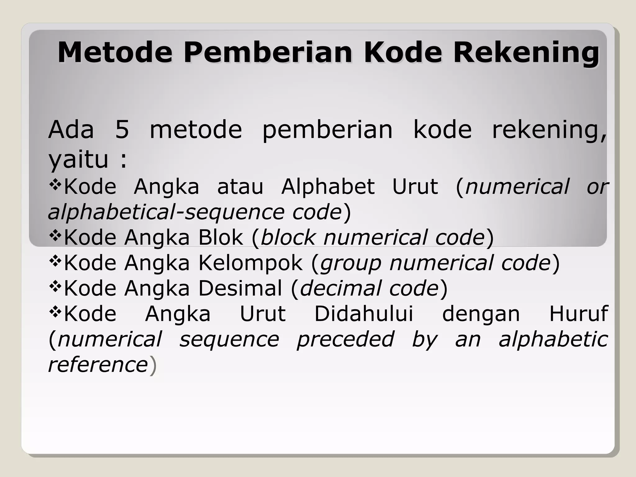 Metode Pemberian Kode Rekening
Ada 5 metode pemberian kode rekening,
yaitu :
Kode

Angka atau Alphabet Urut (numerical or
alphabetical-sequence code)
Kode Angka Blok (block numerical code)
Kode Angka Kelompok (group numerical code)
Kode Angka Desimal (decimal code)
Kode
Angka Urut Didahului dengan Huruf
(numerical sequence preceded by an alphabetic
reference)

 
