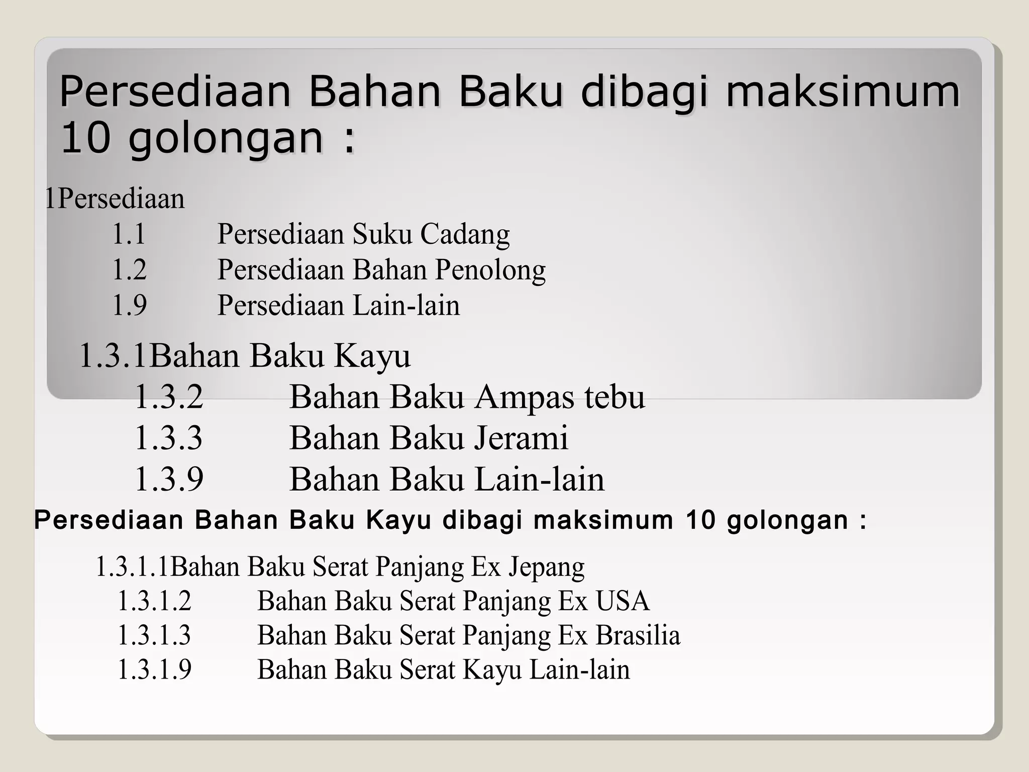 Persediaan Bahan Baku dibagi maksimum
10 golongan :
1Persediaan
1.1
1.2
1.9

Persediaan Suku Cadang
Persediaan Bahan Penolong
Persediaan Lain-lain

1.3.1Bahan Baku Kayu
1.3.2
Bahan Baku Ampas tebu
1.3.3
Bahan Baku Jerami
1.3.9
Bahan Baku Lain-lain
Persediaan Bahan Baku Kayu dibagi maksimum 10 golongan :

1.3.1.1Bahan Baku Serat Panjang Ex Jepang
1.3.1.2
Bahan Baku Serat Panjang Ex USA
1.3.1.3
Bahan Baku Serat Panjang Ex Brasilia
1.3.1.9
Bahan Baku Serat Kayu Lain-lain

 