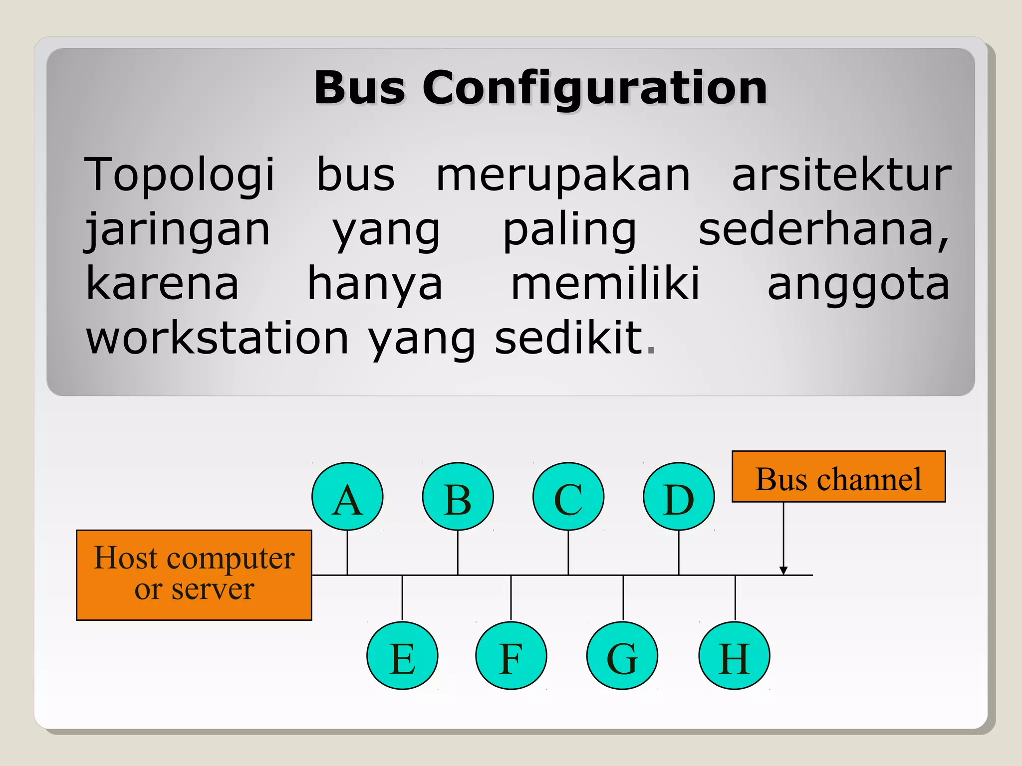 Bus Configuration
Topologi bus merupakan arsitektur
jaringan yang paling sederhana,
karena hanya memiliki anggota
workstation yang sedikit.
A

B

C

Bus channel

D

Host computer
or server

E

F

G

H

 