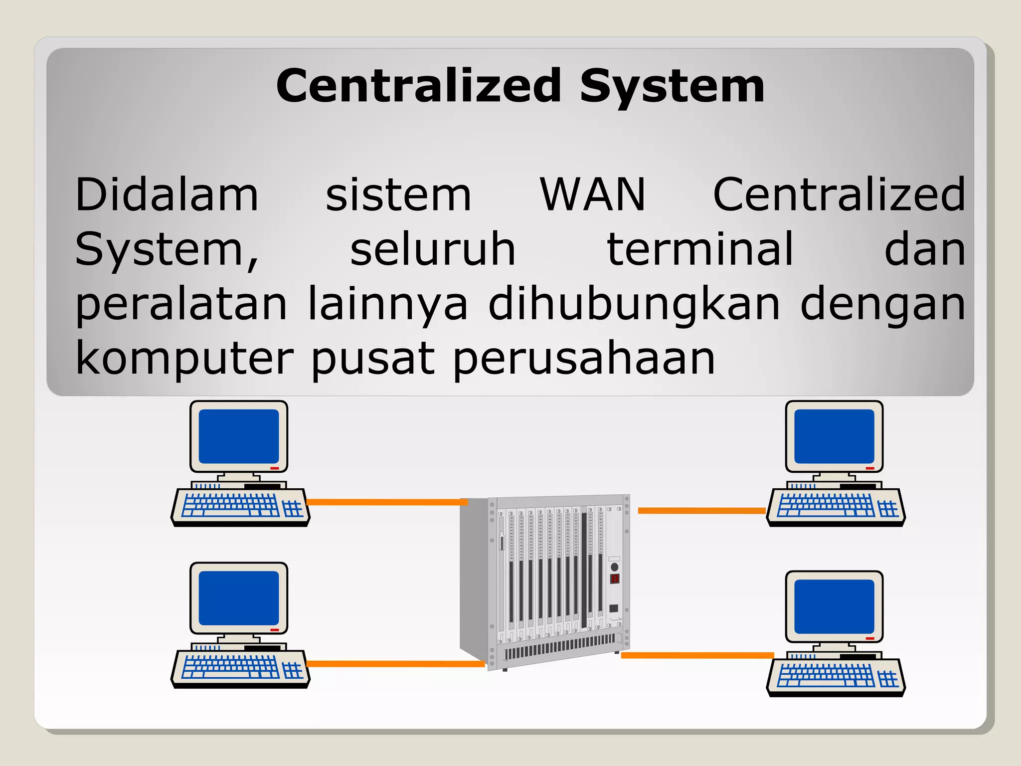 Centralized System
Didalam sistem WAN Centralized
System,
seluruh
terminal
dan
peralatan lainnya dihubungkan dengan
komputer pusat perusahaan

 