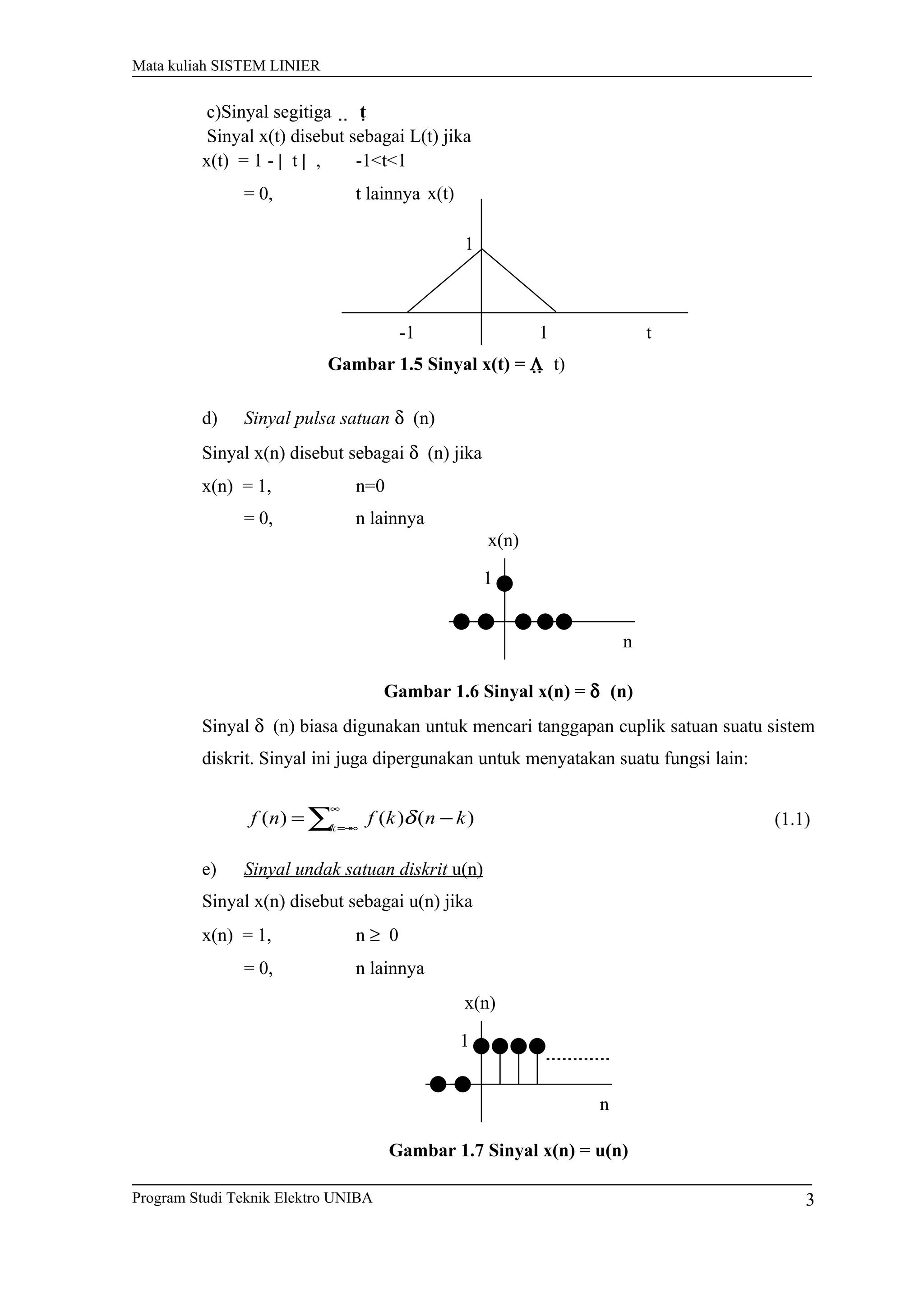 x(n)
n
1
x(n)
n
1
Mata kuliah SISTEM LINIER
c)Sinyal segitiga t
Sinyal x(t) disebut sebagai L(t) jika
x(t) = 1 - | t | , -1<t<1
= 0, t lainnya
Gambar 1.5 Sinyal x(t) = Λt)
d) Sinyal pulsa satuan δ (n)
Sinyal x(n) disebut sebagai δ (n) jika
x(n) = 1, n=0
= 0, n lainnya
Gambar 1.6 Sinyal x(n) = δ (n)
Sinyal δ (n) biasa digunakan untuk mencari tanggapan cuplik satuan suatu sistem
diskrit. Sinyal ini juga dipergunakan untuk menyatakan suatu fungsi lain:
∑
∞
−∞=
−= k
knkfnf )()()( δ (1.1)
e) Sinyal undak satuan diskrit u(n)
Sinyal x(n) disebut sebagai u(n) jika
x(n) = 1, n ≥ 0
= 0, n lainnya
Gambar 1.7 Sinyal x(n) = u(n)
Program Studi Teknik Elektro UNIBA
x(t)
t
1
1-1
3
 