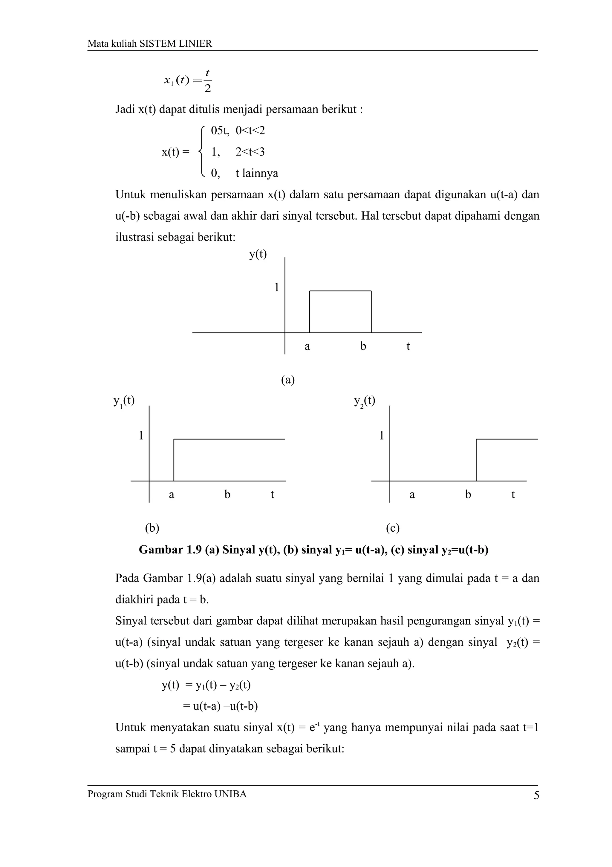 Mata kuliah SISTEM LINIER
2
)(1
t
tx =
Jadi x(t) dapat ditulis menjadi persamaan berikut :
05t, 0<t<2
x(t) = 1, 2<t<3
0, t lainnya
Untuk menuliskan persamaan x(t) dalam satu persamaan dapat digunakan u(t-a) dan
u(-b) sebagai awal dan akhir dari sinyal tersebut. Hal tersebut dapat dipahami dengan
ilustrasi sebagai berikut:
Gambar 1.9 (a) Sinyal y(t), (b) sinyal y1= u(t-a), (c) sinyal y2=u(t-b)
Pada Gambar 1.9(a) adalah suatu sinyal yang bernilai 1 yang dimulai pada t = a dan
diakhiri pada t = b.
Sinyal tersebut dari gambar dapat dilihat merupakan hasil pengurangan sinyal y1(t) =
u(t-a) (sinyal undak satuan yang tergeser ke kanan sejauh a) dengan sinyal y2(t) =
u(t-b) (sinyal undak satuan yang tergeser ke kanan sejauh a).
y(t) = y1(t) – y2(t)
= u(t-a) –u(t-b)
Untuk menyatakan suatu sinyal x(t) = e-t
yang hanya mempunyai nilai pada saat t=1
sampai t = 5 dapat dinyatakan sebagai berikut:
Program Studi Teknik Elektro UNIBA
y2
(t)
t
1
ba
(c)
y1
(t)
t
1
ba
(b)
y(t)
t
1
ba
(a)
5
 
