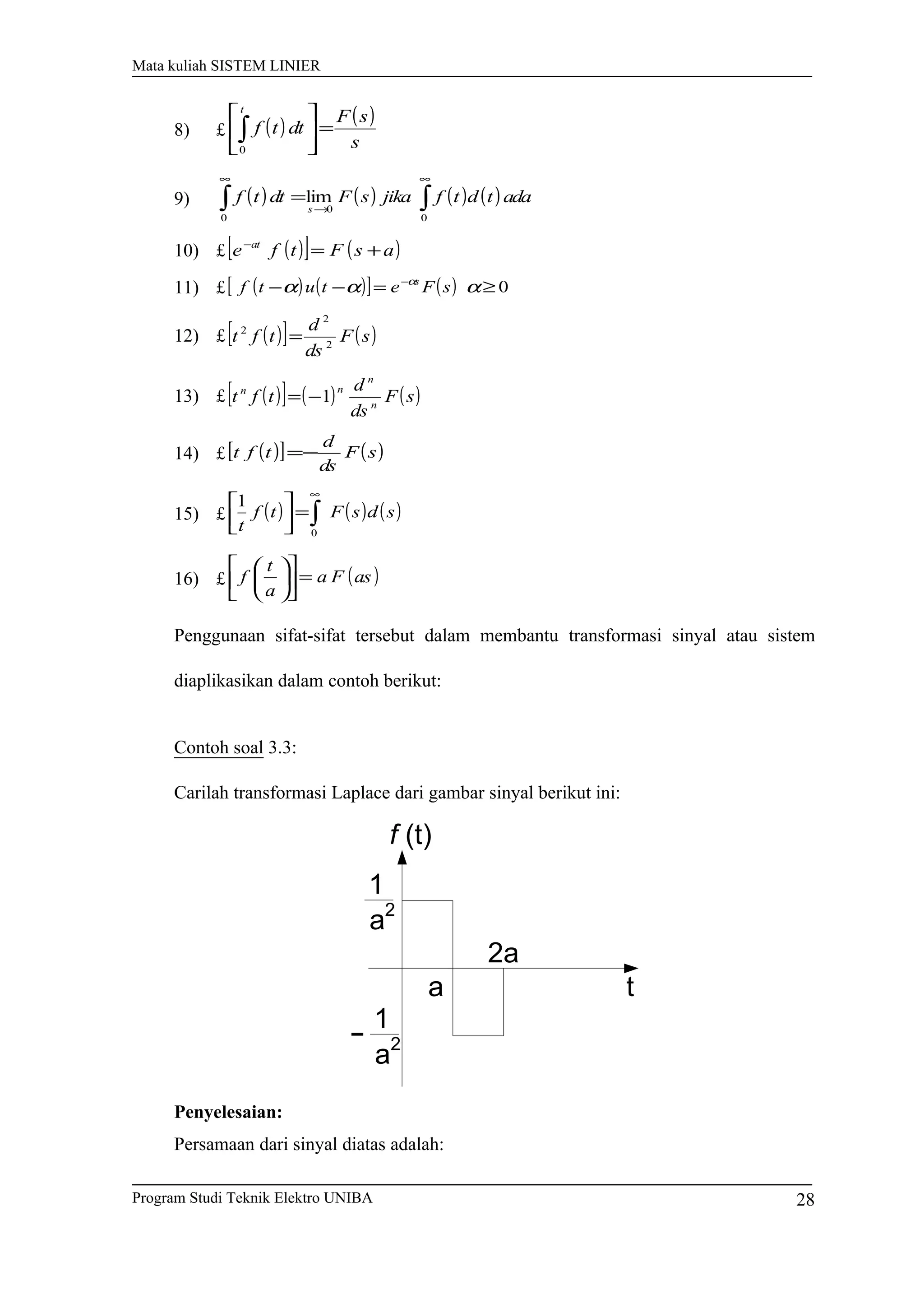 Mata kuliah SISTEM LINIER
8) £ ( ) ( )
s
sF
dttf
t
=





∫0
9) ( ) ( ) ( ) ( )∫ ∫
∞ ∞
→
=
0 0
0
lim adatdtfjikasFdttf
s
10) £ ( )[ ] ( )asFtfe at
+=−
11) £ ( ) ( )[ ] ( ) 0≥=−− −
ααα α
sFetutf s
12) £ ( )[ ] ( )sF
ds
d
tft 2
2
2
=
13) £ ( )[ ] ( ) ( )sF
ds
d
tft n
n
nn
1−=
14) £ ( )[ ] ( )sF
ds
d
tft −=
15) £ ( ) ( ) ( )sdsFtf
t ∫
∞
=





0
1
16) £ ( )asFa
a
t
f =











Penggunaan sifat-sifat tersebut dalam membantu transformasi sinyal atau sistem
diaplikasikan dalam contoh berikut:
Contoh soal 3.3:
Carilah transformasi Laplace dari gambar sinyal berikut ini:
2a
a
1
a2
1
a2
f (t)
t
Penyelesaian:
Persamaan dari sinyal diatas adalah:
Program Studi Teknik Elektro UNIBA 28
 