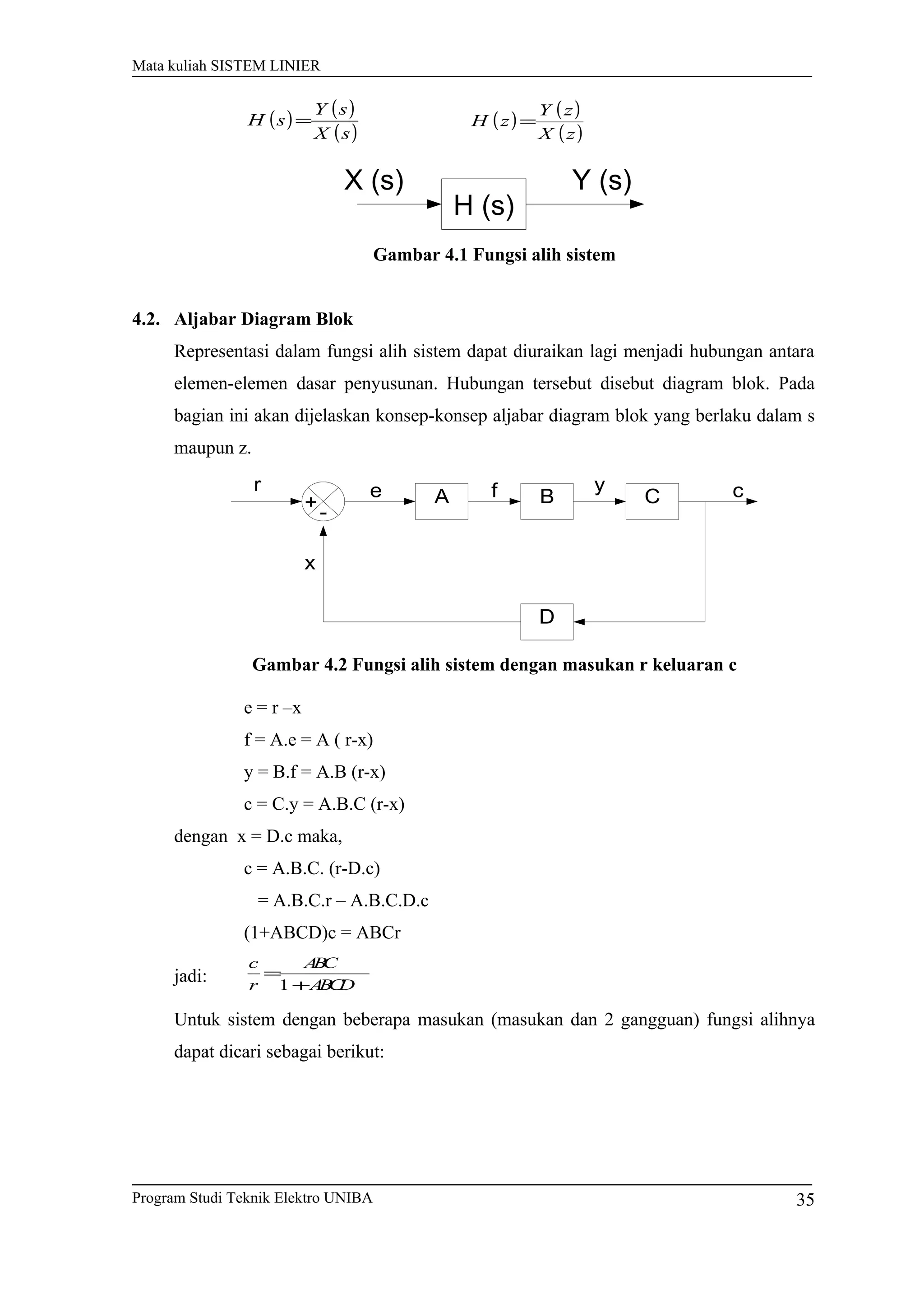 Mata kuliah SISTEM LINIER
( ) ( )
( )sX
sY
sH = ( )
( )
( )zX
zY
zH =
H (s)
Y (s)X (s)
Gambar 4.1 Fungsi alih sistem
4.2. Aljabar Diagram Blok
Representasi dalam fungsi alih sistem dapat diuraikan lagi menjadi hubungan antara
elemen-elemen dasar penyusunan. Hubungan tersebut disebut diagram blok. Pada
bagian ini akan dijelaskan konsep-konsep aljabar diagram blok yang berlaku dalam s
maupun z.
A B C
D
ce f y
x
+-
r
Gambar 4.2 Fungsi alih sistem dengan masukan r keluaran c
e = r –x
f = A.e = A ( r-x)
y = B.f = A.B (r-x)
c = C.y = A.B.C (r-x)
dengan x = D.c maka,
c = A.B.C. (r-D.c)
= A.B.C.r – A.B.C.D.c
(1+ABCD)c = ABCr
jadi: ABCD
ABC
r
c
+
=
1
Untuk sistem dengan beberapa masukan (masukan dan 2 gangguan) fungsi alihnya
dapat dicari sebagai berikut:
Program Studi Teknik Elektro UNIBA 35
 