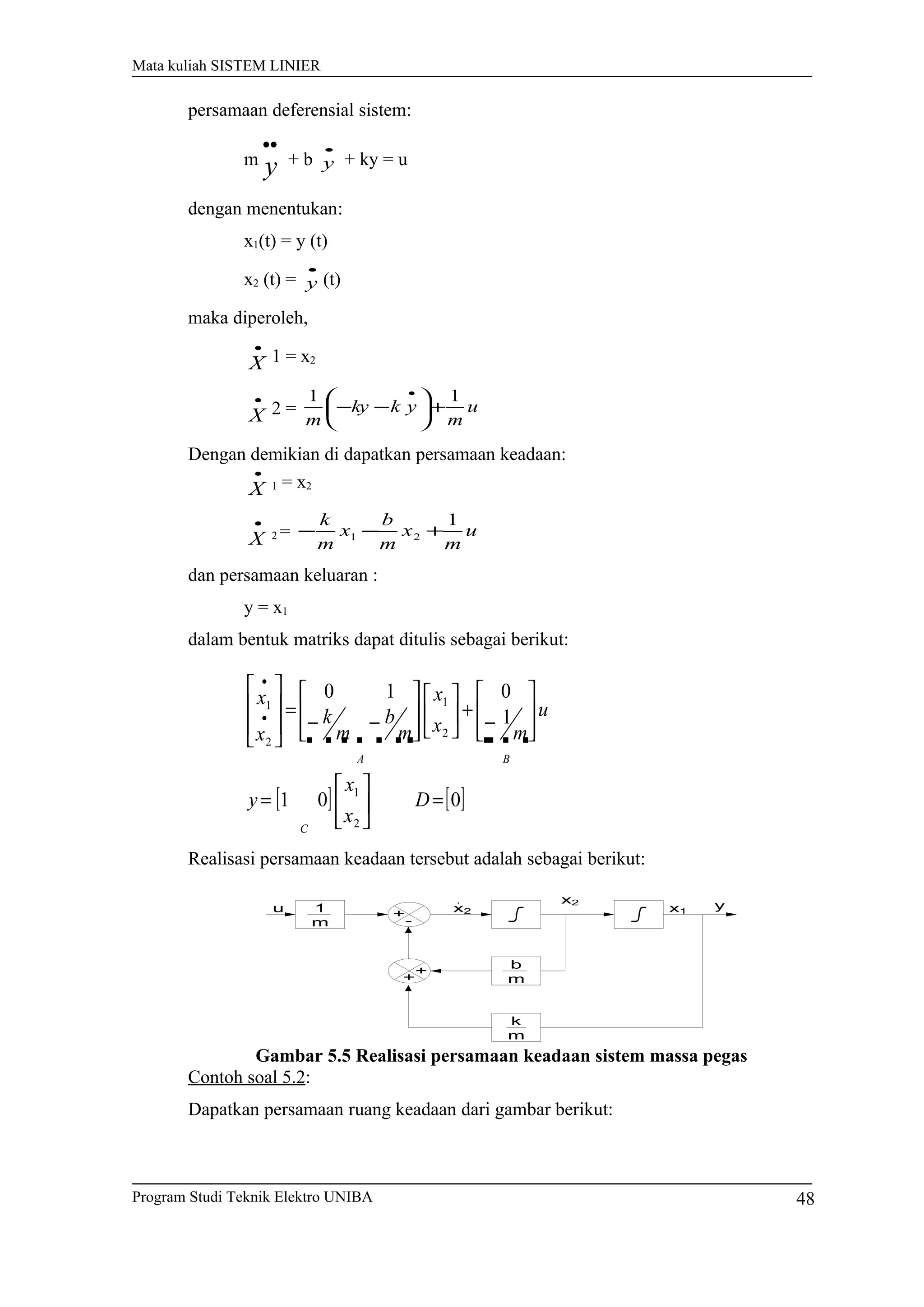Mata kuliah SISTEM LINIER
persamaan deferensial sistem:
m
••
y + b
•
y + ky = u
dengan menentukan:
x1(t) = y (t)
x2 (t) =
•
y (t)
maka diperoleh,
•
X 1 = x2
•
X 2 = u
m
ykky
m
11
+





−−
•
Dengan demikian di dapatkan persamaan keadaan:
•
X 1 = x2
•
X 2 = u
m
x
m
b
x
m
k 1
21 +−−
dan persamaan keluaran :
y = x1
dalam bentuk matriks dapat ditulis sebagai berikut:
[ ] [ ]001
1
010
2
1
2
1
2
1
=





=








−
+













−−
=








•
•
D
x
x
y
u
mx
x
m
b
m
k
x
x
C
BA

  
Realisasi persamaan keadaan tersebut adalah sebagai berikut:
+
-
+
+
u 1
m
b
m
k
m
x2
x1
yx2
Gambar 5.5 Realisasi persamaan keadaan sistem massa pegas
Contoh soal 5.2:
Dapatkan persamaan ruang keadaan dari gambar berikut:
Program Studi Teknik Elektro UNIBA 48
 