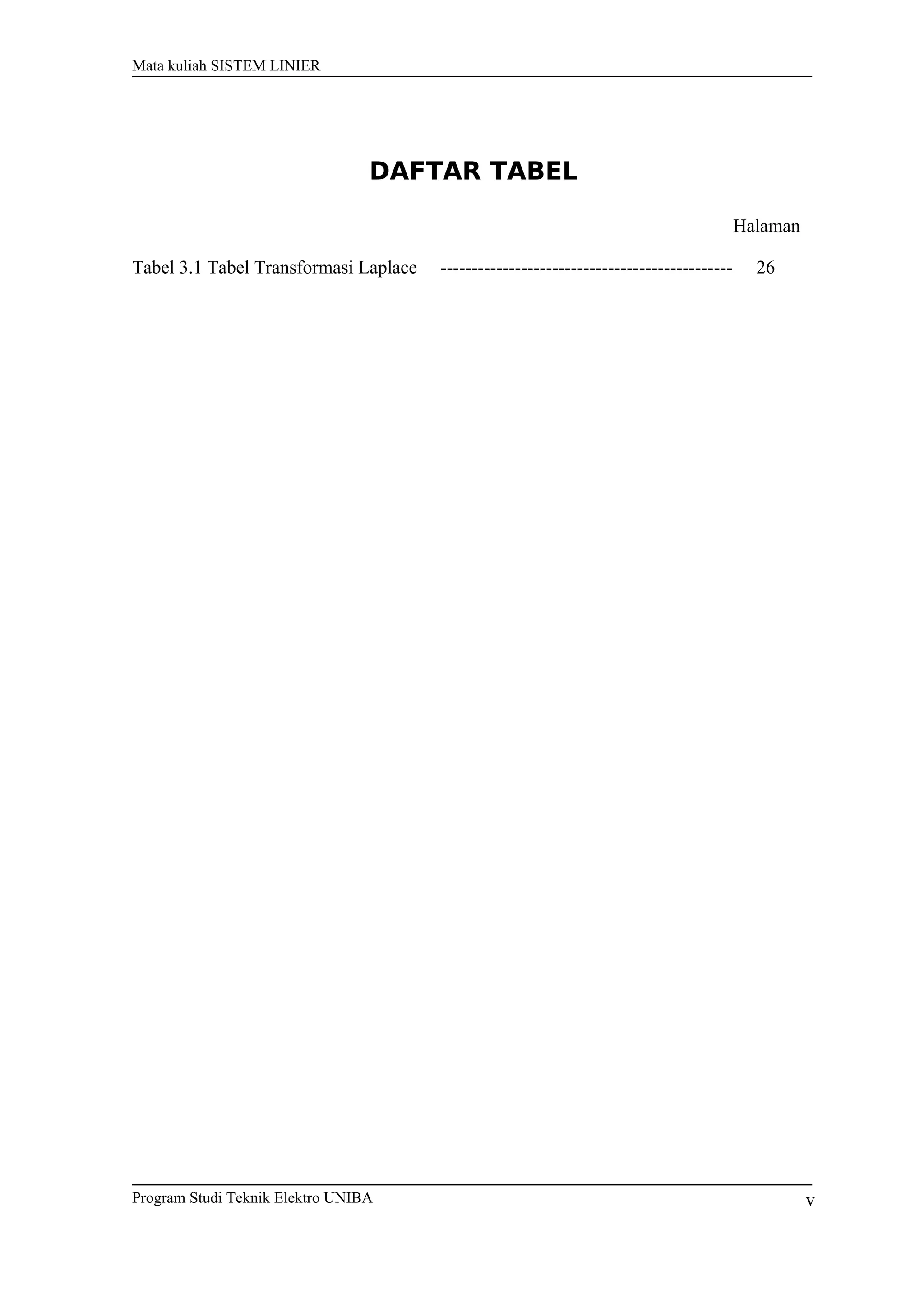 Mata kuliah SISTEM LINIER
DAFTAR TABEL
Halaman
Tabel 3.1 Tabel Transformasi Laplace ----------------------------------------------- 26
Program Studi Teknik Elektro UNIBA v
 