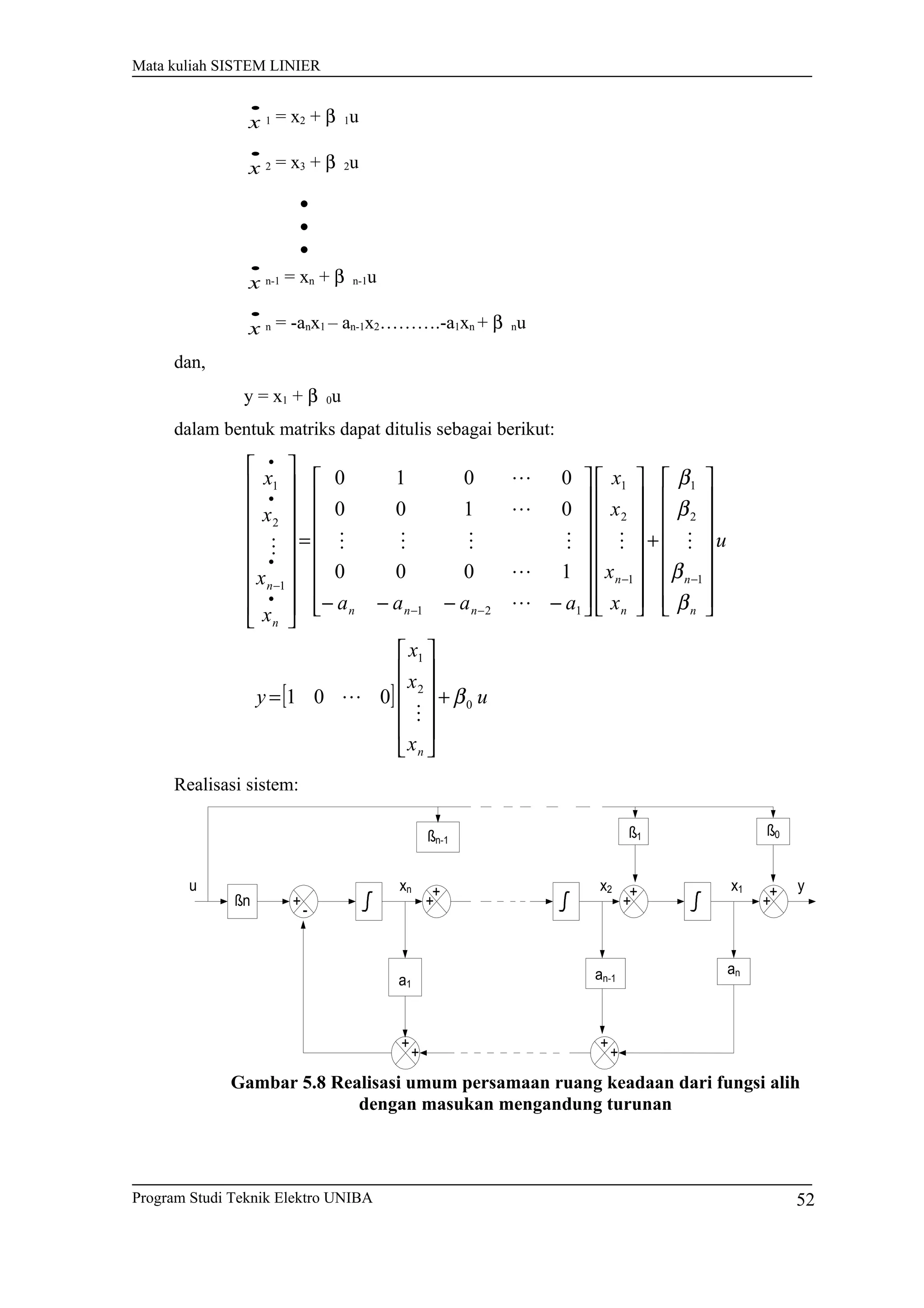 Mata kuliah SISTEM LINIER
•
x 1 = x2 + β 1u
•
x 2 = x3 + β 2u
•
•
•
•
x n-1 = xn + β n-1u
•
x n = -anx1 – an-1x2……….-a1xn + β nu
dan,
y = x1 + β 0u
dalam bentuk matriks dapat ditulis sebagai berikut:
[ ] u
x
x
x
y
u
x
x
x
x
aaaa
x
x
x
x
n
n
n
n
n
nnn
n
n
0
2
1
1
2
1
1
2
1
121
1
2
1
001
1000
0100
0010
β
β
β
β
β
+












=
















+
































−−−−
=


















−−
−−
•
•
−
•
•









Realisasi sistem:
+
+
+
+
+
+
+
+
+
+
+
-
ßn
ßn-1
a1
an-1
ß1 ß0
an
u xn x2 x1 y
Gambar 5.8 Realisasi umum persamaan ruang keadaan dari fungsi alih
dengan masukan mengandung turunan
Program Studi Teknik Elektro UNIBA 52
 