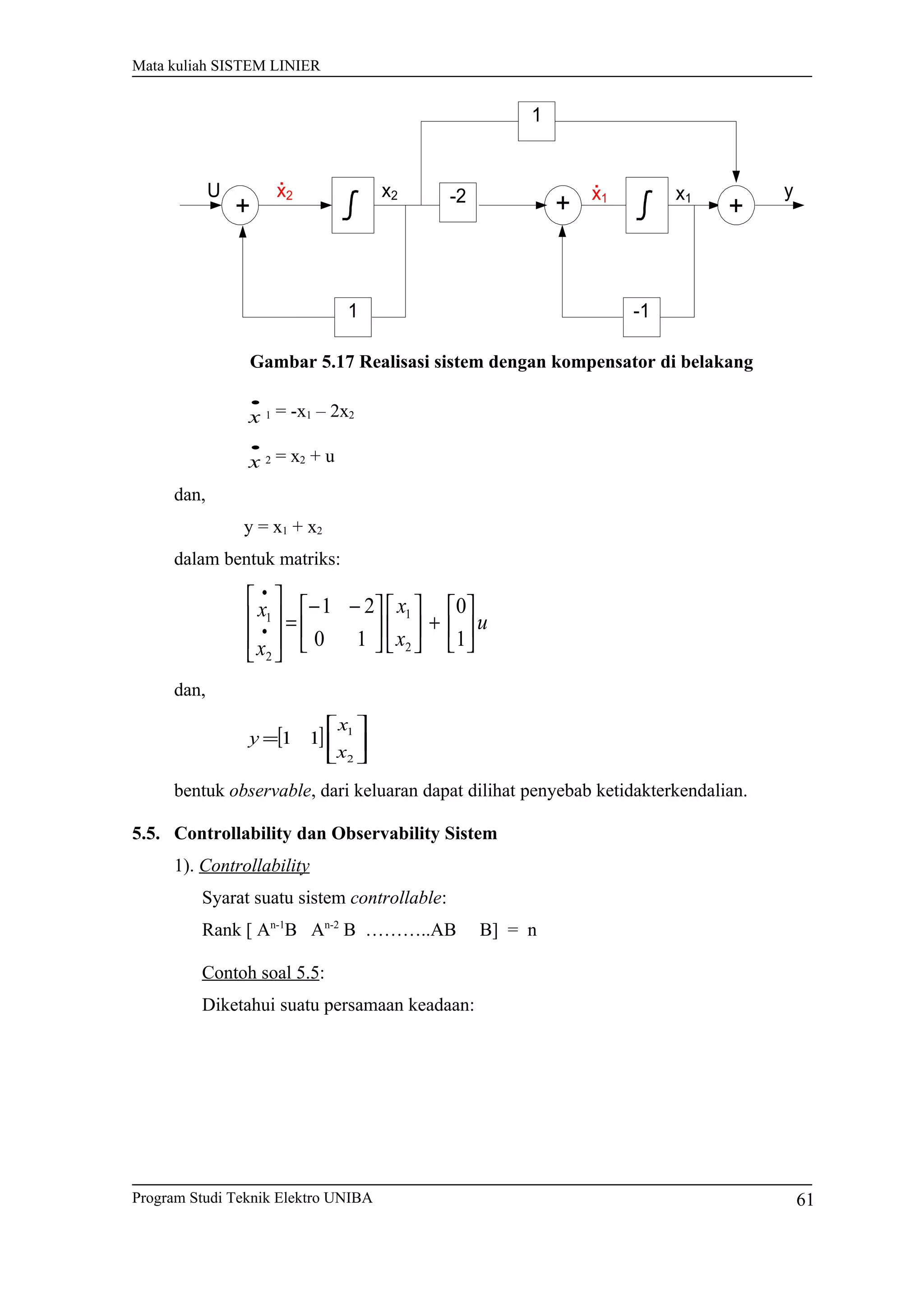 Mata kuliah SISTEM LINIER
+ ++
1
1 -1
U x2 yx1x1x2 -2
Gambar 5.17 Realisasi sistem dengan kompensator di belakang
•
x 1 = -x1 – 2x2
•
x 2 = x2 + u
dan,
y = x1 + x2
dalam bentuk matriks:
u
x
x
x
x






+










 −−
=








•
•
1
0
10
21
2
1
2
1
dan,
[ ] 





=
2
1
11
x
x
y
bentuk observable, dari keluaran dapat dilihat penyebab ketidakterkendalian.
5.5. Controllability dan Observability Sistem
1). Controllability
Syarat suatu sistem controllable:
Rank [ An-1
B An-2
B ………..AB B] = n
Contoh soal 5.5:
Diketahui suatu persamaan keadaan:
Program Studi Teknik Elektro UNIBA 61
 