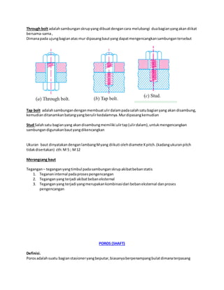 Through bolt adalah sambungan skrup yang dibuat dengan cara melubangi dua bagian yang akan diikat 
bersama-sama , 
Dimana pada ujung bagian atas mur dipasang baut yang dapat mengencangkan sambungan tersebut 
Tap bolt adalah sambungan dengan membuat ulir dalam pada salah satu bagian yang akan disambung, 
kemudian ditanamkan batang yang berulir kedalamnya. Mur dipasang kemudian 
Stud Salah satu bagian yang akan disambung memiliki ulir tap (ulir dalam), untuk mengencangkan 
sambungan digunakan baut yang dikencangkan 
Ukuran baut dinyatakan dengan lambang M yang diikuti oleh diamete X pitch. (kadang ukuran pitch 
tidak disertakan) cth: M 5 ; M 12 
Merangcang baut 
Tegangan – tegangan yang timbul pada sambungan skrup akibat beban statis 
1. Teganan internal pada proses pengencangan 
2. Tegangan yang terjadi akibat beban eksternal 
3. Tegangan yang terjadi yang merupakan kombinasi dari beban eksternal dan proses 
pengencangan 
POROS (SHAFT) 
Definisi. 
Poros adalah suatu bagian stasioner yang beputar, biasanya berpenampang bulat dimana terpasang 
 