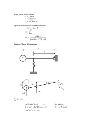 Misal jawab sistem adalah:
x X t= sinω
cosx X= ω ωt
X t= −ω ω2
x sin
Apabila disubstitusikan ke PDG diperoleh:
− + =m x kxω2
0
ω =
k
m
( ) ( )
ωn
EI
ma a a
=
⋅
− −
12
4
3
3 2
Contoh : Sistem Massa pegas.
m
k
a
kaθ
m θ
R
A
θ
aθθ
MA =∑ 0
⇒m ka2 2
0θ θ+ = θ ω= X tsin
( )− +ω ω2 2 2
0m ka X tsin =
=
sinθ ω ω= − 2
X t
− +ω2 2 2
0m ka
 