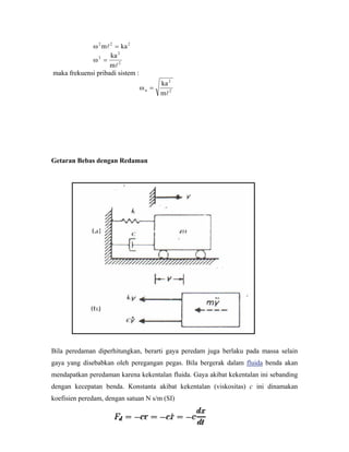 ω2 2
m ka= 2
ω2
2
2
=
ka
m
maka frekuensi pribadi sistem :
ωn
ka
m
=
2
2
Getaran Bebas dengan Redaman
Bila peredaman diperhitungkan, berarti gaya peredam juga berlaku pada massa selain
gaya yang disebabkan oleh peregangan pegas. Bila bergerak dalam fluida benda akan
mendapatkan peredaman karena kekentalan fluida. Gaya akibat kekentalan ini sebanding
dengan kecepatan benda. Konstanta akibat kekentalan (viskositas) c ini dinamakan
koefisien peredam, dengan satuan N s/m (SI)
 