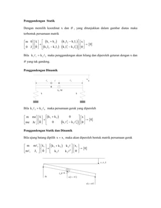 Penggandengan Statik
Dengan memilih koordinat x dan θ , yang ditunjukkan dalam gambar diatas maka
terbentuk persamaan matrik
( ) ( )
( ) ( )
{ }
m
J
x k k k l k l
k l k l k l k l
x0
0
0
1 2 2 2 1 1
2 2 1 1 1 1
2
2 2
2
⎡
⎣
⎢
⎤
⎦
⎥
⎧
⎨
⎩
⎫
⎬
⎭
+
+ −
− −
⎡
⎣
⎢
⎢
⎤
⎦
⎥
⎥
⎧
⎨
⎩
⎫
⎬
⎭
=
θ θ
Bila maka penggandengan akan hilang dan diperoleh getaran dengan x dan
θ yang tak gandeng.
k k1 1 2 2=
Penggandengan Dinamik
IG, M
1 2
k
c
k
x
Bila maka persamaan gerak yang diperolehk k1 3 2 4=
( )
( )
{ }
m me
me Jc
x k k
k k
x⎡
⎣
⎢
⎤
⎦
⎥
⎧
⎨
⎩
⎫
⎬
⎭
+
+
−
⎡
⎣
⎢
⎢
⎤
⎦
⎥
⎥
⎧
⎨
⎩
⎫
⎬
⎭
=
θ θ
1 2
1 3
2
2 4
2
0
0
0
Penggandengan Statik dan Dinamik
Bila ujung batang dipilih maka akan diperoleh bentuk matrik persamaan gerakx x= 1
( )
{ }
m m
m J
x k k k
k k
x1
1 1
1 1 2 2
2 2
2
1
0
⎡
⎣
⎢
⎤
⎦
⎥
⎧
⎨
⎩
⎫
⎬
⎭
+
+⎡
⎣
⎢
⎢
⎤
⎦
⎥
⎥
⎧
⎨
⎩
⎫
⎬
⎭
=
θ θ
x x x, ,
IGθ
( )m x l+ θ
( )k x l+ θ
kx
 