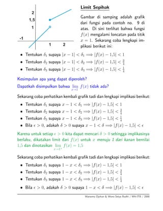 Limit Sepihak
Gambar di samping adalah graﬁk
dari fungsi pada contoh no. 9 di
atas. Di sini terlihat bahwa fungsi
f(x) mengalami loncatan pada titik
x = 1. Sekarang coba lengkapi im-
plikasi berikut ini:
• Tentukan δ1 supaya |x − 1| < δ1 =⇒ |f(x) − 1,5| < 1
• Tentukan δ2 supaya |x − 1| < δ2 =⇒ |f(x) − 1,5| < 3
4
• Tentukan δ3 supaya |x − 1| < δ3 =⇒ |f(x) − 1,5| < 1
4
Kesimpulan apa yang dapat diperoleh?
Dapatkah disimpulkan bahwa lim
x→1
f(x) tidak ada?
Sekarang coba perhatikan kembali graﬁk tadi dan lengkapi implikasi berikut:
• Tentukan δ1 supaya x − 1 < δ1 =⇒ |f(x) − 1,5| < 1
• Tentukan δ2 supaya x − 1 < δ2 =⇒ |f(x) − 1,5| < 3
4
• Tentukan δ3 supaya x − 1 < δ3 =⇒ |f(x) − 1,5| < 1
4
• Bila > 0, adakah δ > 0 supaya x − 1 < δ =⇒ |f(x) − 1,5| <
Karena untuk setiap > 0 kita dapat mencari δ > 0 sehingga implikasinya
berlaku, dikatakan limit dari f(x) untuk x menuju 1 dari kanan bernilai
1,5 dan dinotasikan lim
x→1+
f(x) = 1,5
Sekarang coba perhatikan kembali graﬁk tadi dan lengkapi implikasi berikut:
• Tentukan δ1 supaya 1 − x < δ1 =⇒ |f(x) − 1,5| < 1
• Tentukan δ2 supaya 1 − x < δ2 =⇒ |f(x) − 1,5| < 3
4
• Tentukan δ3 supaya 1 − x < δ3 =⇒ |f(x) − 1,5| < 1
4
• Bila > 0, adakah δ > 0 supaya 1 − x < δ =⇒ |f(x) − 1,5| <
Warsoma Djohan & Wono Setya Budhi / MA-ITB / 2008
 