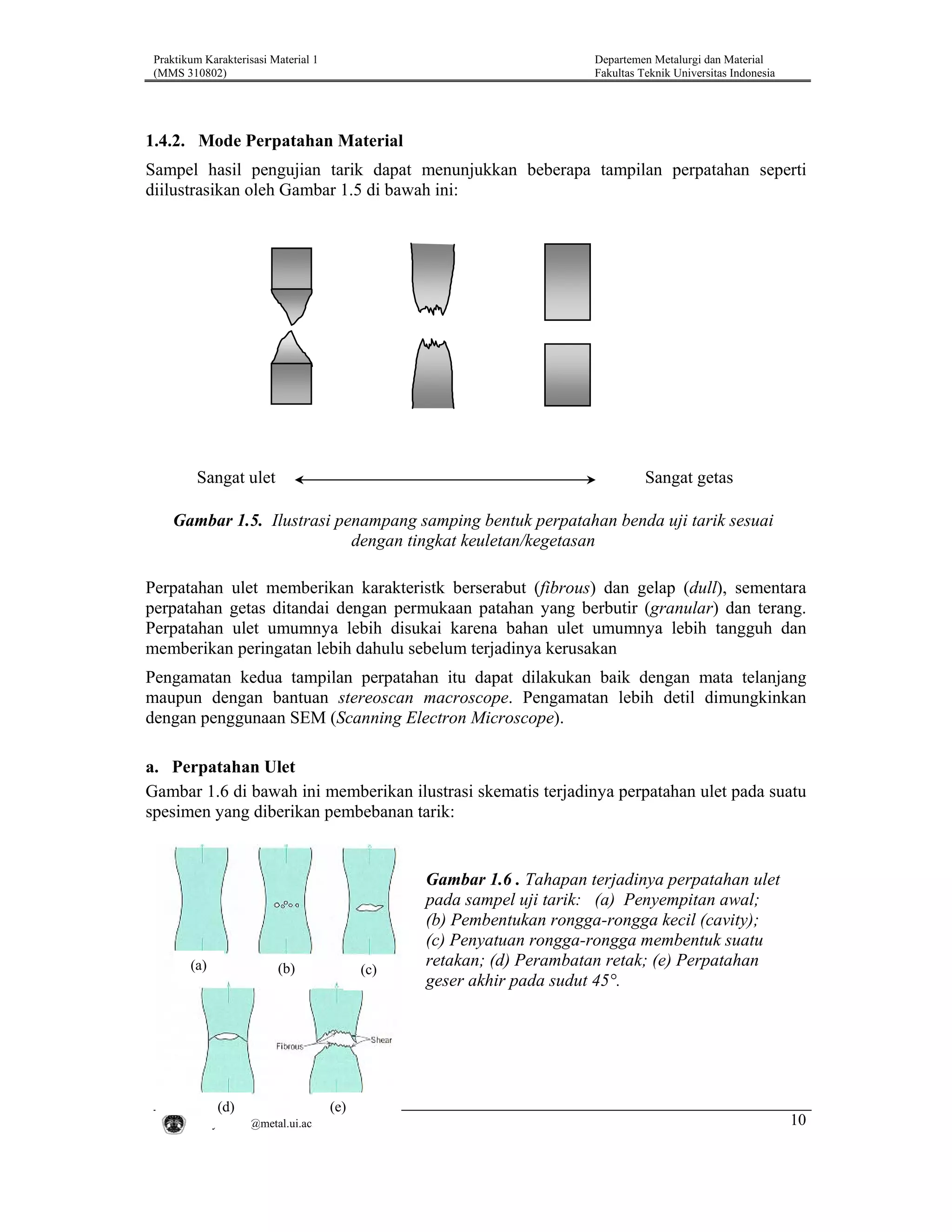 Praktikum Karakterisasi Material 1
(MMS 310802)

Departemen Metalurgi dan Material
Fakultas Teknik Universitas Indonesia

1.4.2. Mode Perpatahan Material
Sampel hasil pengujian tarik dapat menunjukkan beberapa tampilan perpatahan seperti
diilustrasikan oleh Gambar 1.5 di bawah ini:

Sangat ulet

Sangat getas

Gambar 1.5. Ilustrasi penampang samping bentuk perpatahan benda uji tarik sesuai
dengan tingkat keuletan/kegetasan
Perpatahan ulet memberikan karakteristk berserabut (fibrous) dan gelap (dull), sementara
perpatahan getas ditandai dengan permukaan patahan yang berbutir (granular) dan terang.
Perpatahan ulet umumnya lebih disukai karena bahan ulet umumnya lebih tangguh dan
memberikan peringatan lebih dahulu sebelum terjadinya kerusakan
Pengamatan kedua tampilan perpatahan itu dapat dilakukan baik dengan mata telanjang
maupun dengan bantuan stereoscan macroscope. Pengamatan lebih detil dimungkinkan
dengan penggunaan SEM (Scanning Electron Microscope).
a. Perpatahan Ulet
Gambar 1.6 di bawah ini memberikan ilustrasi skematis terjadinya perpatahan ulet pada suatu
spesimen yang diberikan pembebanan tarik:

(a)

(b)

(d)
ahyuwono@metal.ui.ac.id

(c)

(e)

Gambar 1.6 . Tahapan terjadinya perpatahan ulet
pada sampel uji tarik: (a) Penyempitan awal;
(b) Pembentukan rongga-rongga kecil (cavity);
(c) Penyatuan rongga-rongga membentuk suatu
retakan; (d) Perambatan retak; (e) Perpatahan
geser akhir pada sudut 45°.

10

 