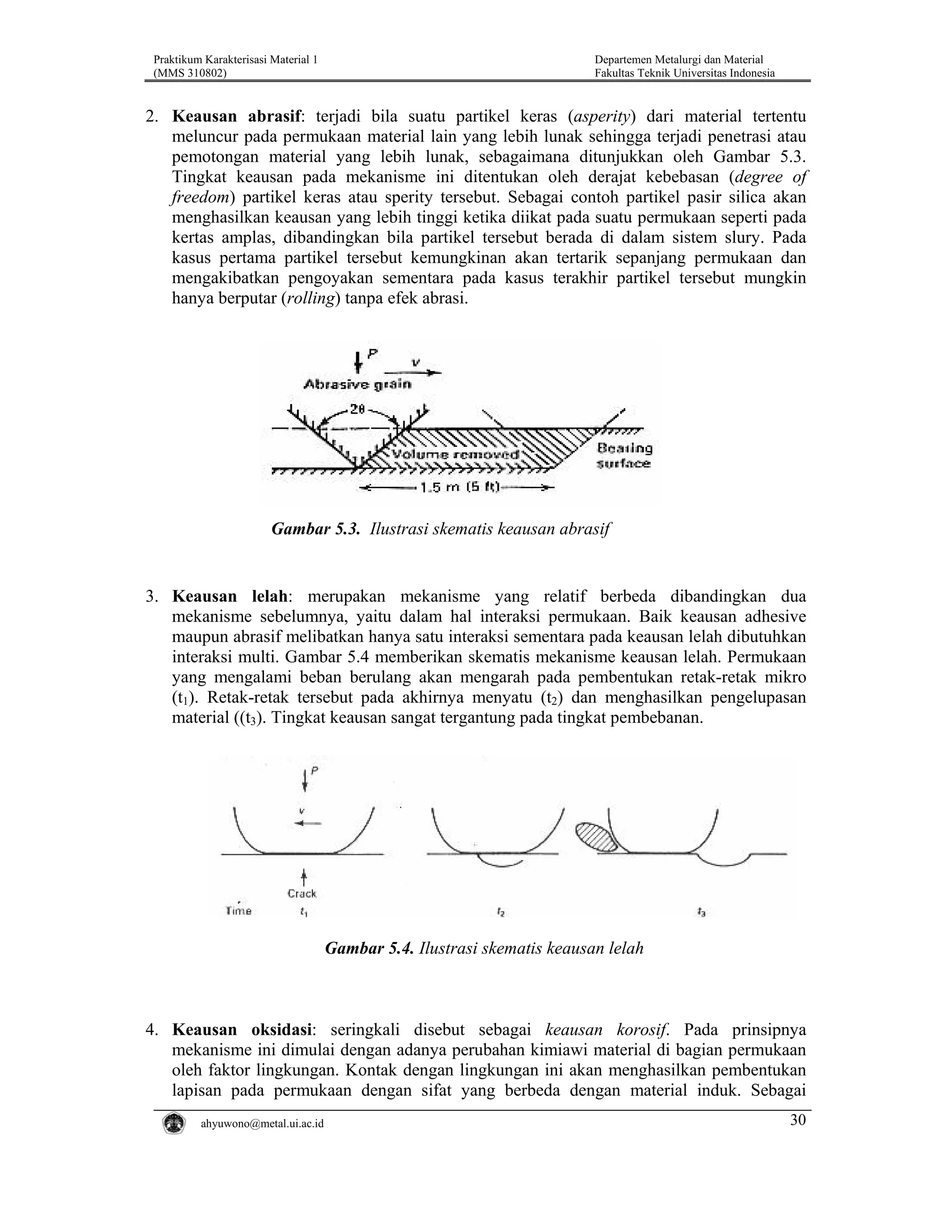 Praktikum Karakterisasi Material 1
(MMS 310802)

Departemen Metalurgi dan Material
Fakultas Teknik Universitas Indonesia

2. Keausan abrasif: terjadi bila suatu partikel keras (asperity) dari material tertentu
meluncur pada permukaan material lain yang lebih lunak sehingga terjadi penetrasi atau
pemotongan material yang lebih lunak, sebagaimana ditunjukkan oleh Gambar 5.3.
Tingkat keausan pada mekanisme ini ditentukan oleh derajat kebebasan (degree of
freedom) partikel keras atau sperity tersebut. Sebagai contoh partikel pasir silica akan
menghasilkan keausan yang lebih tinggi ketika diikat pada suatu permukaan seperti pada
kertas amplas, dibandingkan bila partikel tersebut berada di dalam sistem slury. Pada
kasus pertama partikel tersebut kemungkinan akan tertarik sepanjang permukaan dan
mengakibatkan pengoyakan sementara pada kasus terakhir partikel tersebut mungkin
hanya berputar (rolling) tanpa efek abrasi.

Gambar 5.3. Ilustrasi skematis keausan abrasif

3. Keausan lelah: merupakan mekanisme yang relatif berbeda dibandingkan dua
mekanisme sebelumnya, yaitu dalam hal interaksi permukaan. Baik keausan adhesive
maupun abrasif melibatkan hanya satu interaksi sementara pada keausan lelah dibutuhkan
interaksi multi. Gambar 5.4 memberikan skematis mekanisme keausan lelah. Permukaan
yang mengalami beban berulang akan mengarah pada pembentukan retak-retak mikro
(t1). Retak-retak tersebut pada akhirnya menyatu (t2) dan menghasilkan pengelupasan
material ((t3). Tingkat keausan sangat tergantung pada tingkat pembebanan.

Gambar 5.4. Ilustrasi skematis keausan lelah

4. Keausan oksidasi: seringkali disebut sebagai keausan korosif. Pada prinsipnya
mekanisme ini dimulai dengan adanya perubahan kimiawi material di bagian permukaan
oleh faktor lingkungan. Kontak dengan lingkungan ini akan menghasilkan pembentukan
lapisan pada permukaan dengan sifat yang berbeda dengan material induk. Sebagai
ahyuwono@metal.ui.ac.id

30

 