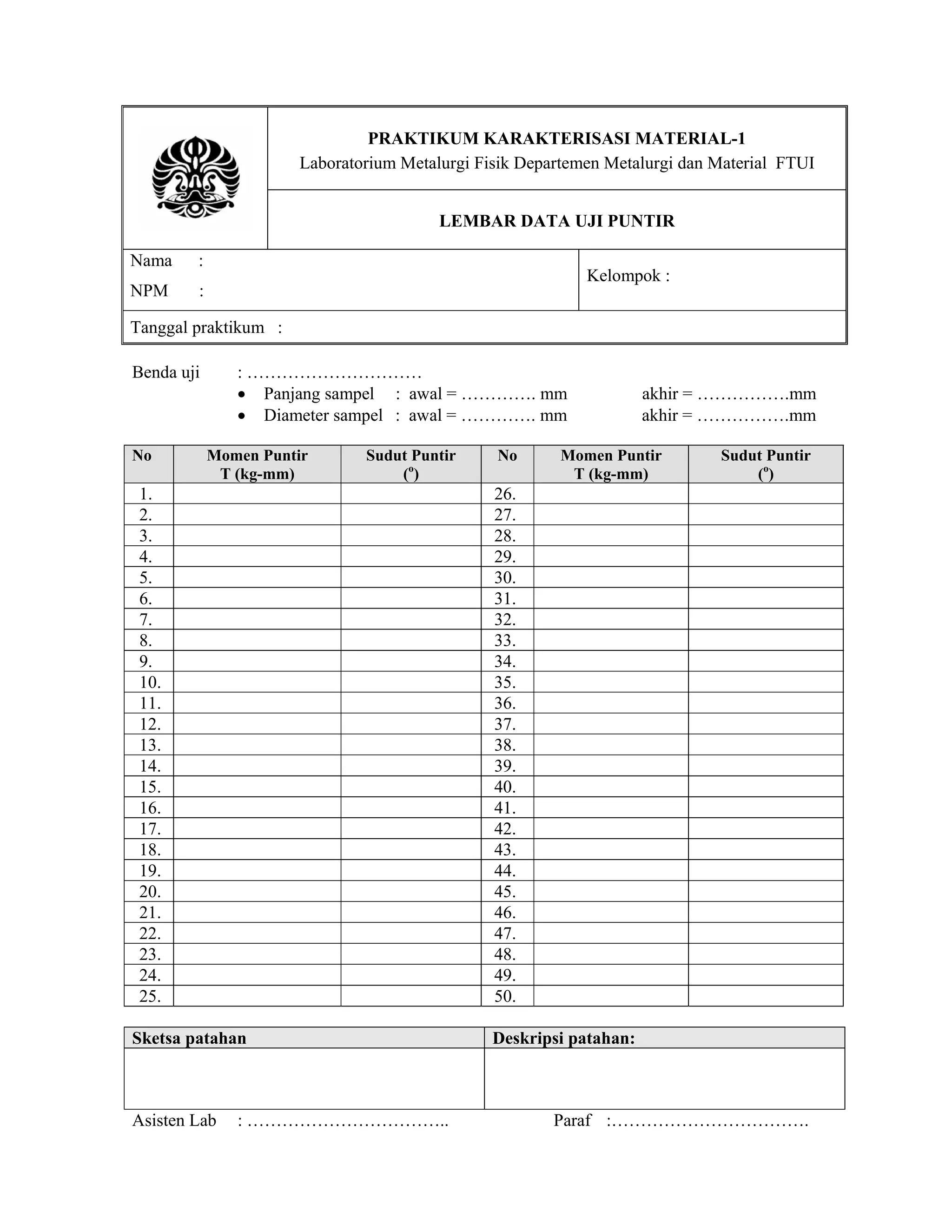 PRAKTIKUM KARAKTERISASI MATERIAL-1
Laboratorium Metalurgi Fisik Departemen Metalurgi dan Material FTUI
LEMBAR DATA UJI PUNTIR
Nama

:

NPM

:

Kelompok :

Tanggal praktikum :
Benda uji

No

: …………………………
• Panjang sampel : awal = …………. mm
• Diameter sampel : awal = …………. mm
Momen Puntir
T (kg-mm)

Sudut Puntir
(o)

1.
2.
3.
4.
5.
6.
7.
8.
9.
10.
11.
12.
13.
14.
15.
16.
17.
18.
19.
20.
21.
22.
23.
24.
25.

Momen Puntir
T (kg-mm)

Sudut Puntir
(o)

26.
27.
28.
29.
30.
31.
32.
33.
34.
35.
36.
37.
38.
39.
40.
41.
42.
43.
44.
45.
46.
47.
48.
49.
50.

Sketsa patahan

Asisten Lab

No

akhir = …………….mm
akhir = …………….mm

: ……………………………..

Deskripsi patahan:

Paraf :…………………………….

 