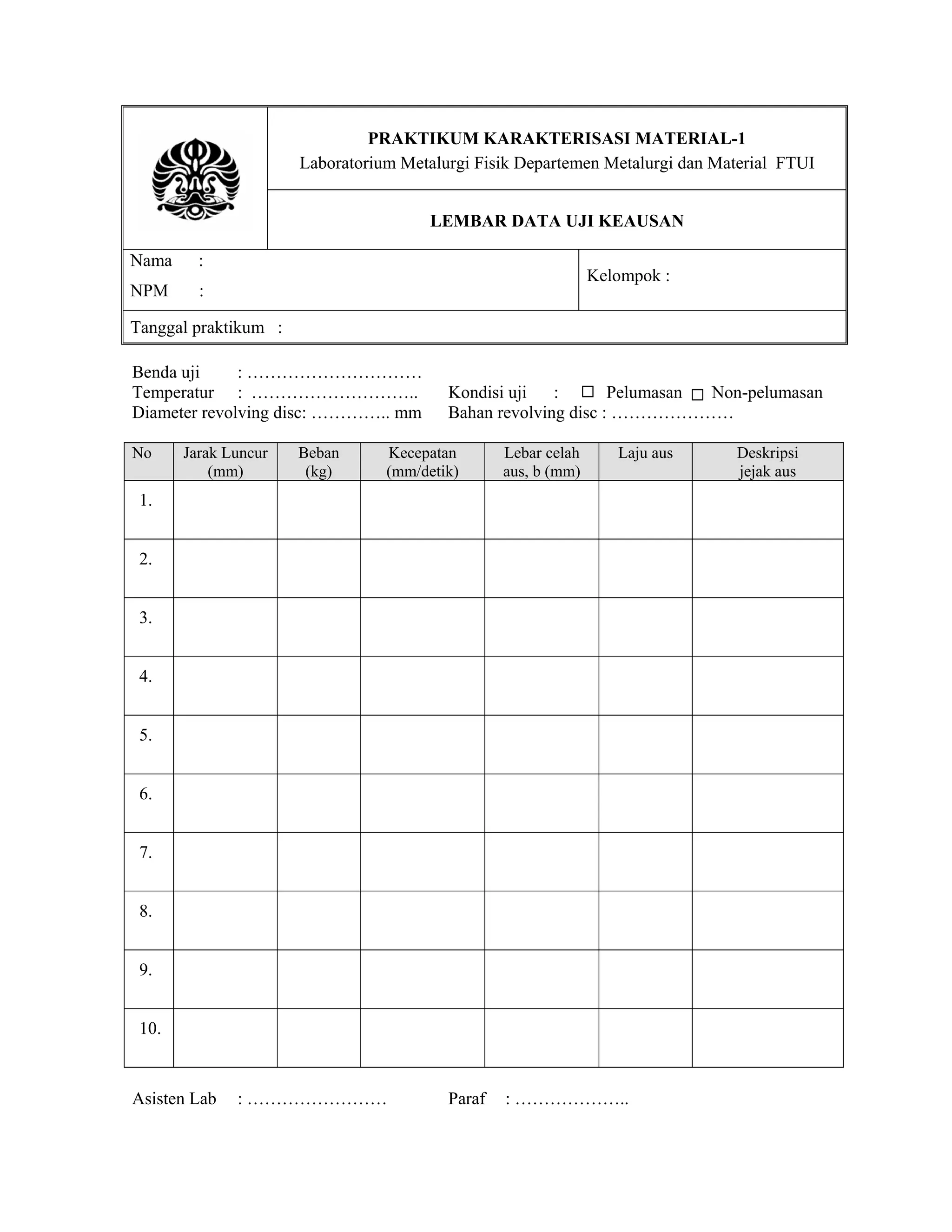 PRAKTIKUM KARAKTERISASI MATERIAL-1
Laboratorium Metalurgi Fisik Departemen Metalurgi dan Material FTUI
LEMBAR DATA UJI KEAUSAN
Nama

:

NPM

:

Kelompok :

Tanggal praktikum :
Benda uji
: …………………………
Temperatur : ………………………..
Diameter revolving disc: ………….. mm
No

Jarak Luncur
(mm)

Beban
(kg)

Kondisi uji
:
Pelumasan
Non-pelumasan
Bahan revolving disc : …………………

Kecepatan
(mm/detik)

Lebar celah
aus, b (mm)

Laju aus

1.
2.
3.
4.
5.
6.
7.
8.
9.
10.

Asisten Lab

: ……………………

Paraf

: ………………..

Deskripsi
jejak aus

 