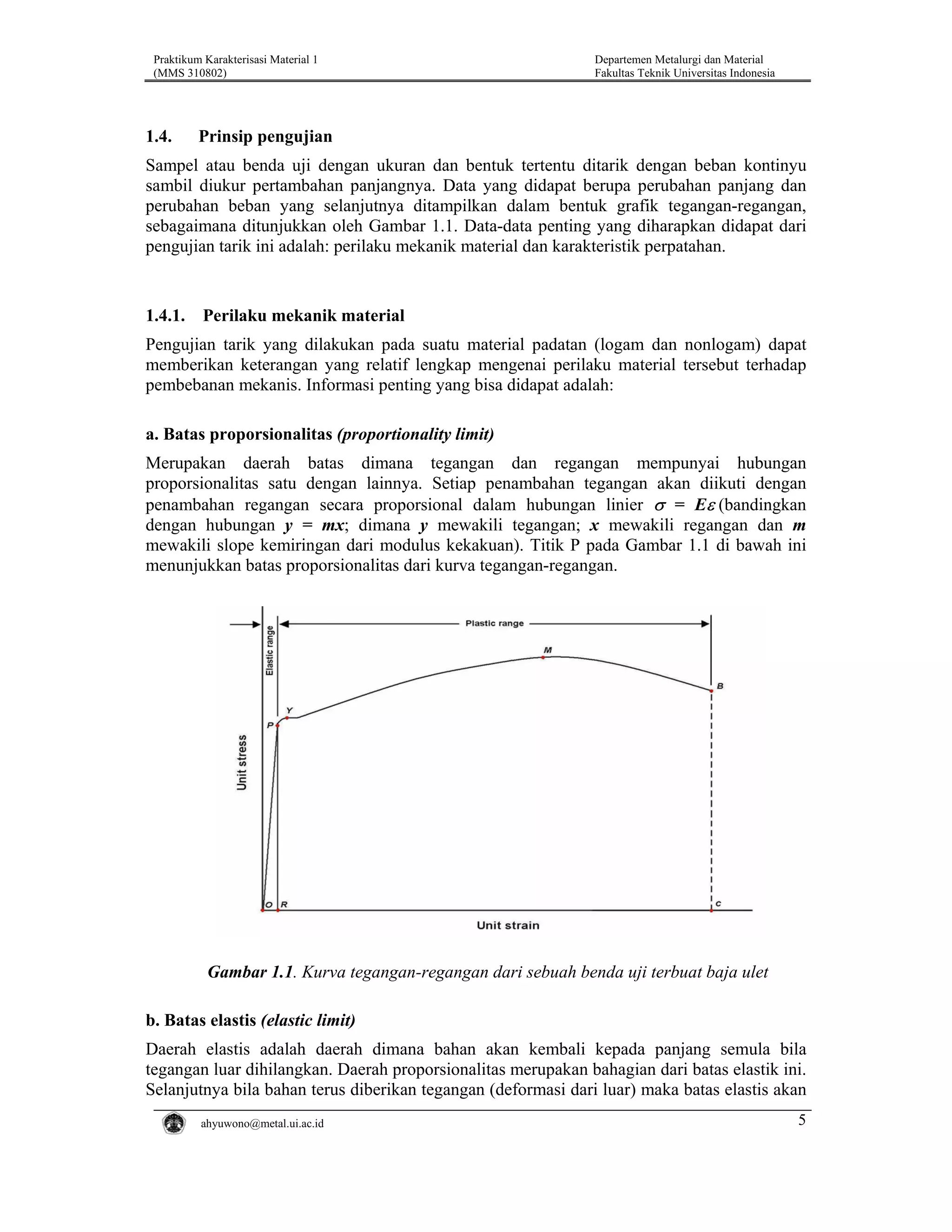 Praktikum Karakterisasi Material 1
(MMS 310802)

1.4.

Departemen Metalurgi dan Material
Fakultas Teknik Universitas Indonesia

Prinsip pengujian

Sampel atau benda uji dengan ukuran dan bentuk tertentu ditarik dengan beban kontinyu
sambil diukur pertambahan panjangnya. Data yang didapat berupa perubahan panjang dan
perubahan beban yang selanjutnya ditampilkan dalam bentuk grafik tegangan-regangan,
sebagaimana ditunjukkan oleh Gambar 1.1. Data-data penting yang diharapkan didapat dari
pengujian tarik ini adalah: perilaku mekanik material dan karakteristik perpatahan.

1.4.1.

Perilaku mekanik material

Pengujian tarik yang dilakukan pada suatu material padatan (logam dan nonlogam) dapat
memberikan keterangan yang relatif lengkap mengenai perilaku material tersebut terhadap
pembebanan mekanis. Informasi penting yang bisa didapat adalah:
a. Batas proporsionalitas (proportionality limit)
Merupakan daerah batas dimana tegangan dan regangan mempunyai hubungan
proporsionalitas satu dengan lainnya. Setiap penambahan tegangan akan diikuti dengan
penambahan regangan secara proporsional dalam hubungan linier σ = Eε (bandingkan
dengan hubungan y = mx; dimana y mewakili tegangan; x mewakili regangan dan m
mewakili slope kemiringan dari modulus kekakuan). Titik P pada Gambar 1.1 di bawah ini
menunjukkan batas proporsionalitas dari kurva tegangan-regangan.

Gambar 1.1. Kurva tegangan-regangan dari sebuah benda uji terbuat baja ulet
b. Batas elastis (elastic limit)
Daerah elastis adalah daerah dimana bahan akan kembali kepada panjang semula bila
tegangan luar dihilangkan. Daerah proporsionalitas merupakan bahagian dari batas elastik ini.
Selanjutnya bila bahan terus diberikan tegangan (deformasi dari luar) maka batas elastis akan
ahyuwono@metal.ui.ac.id

5

 