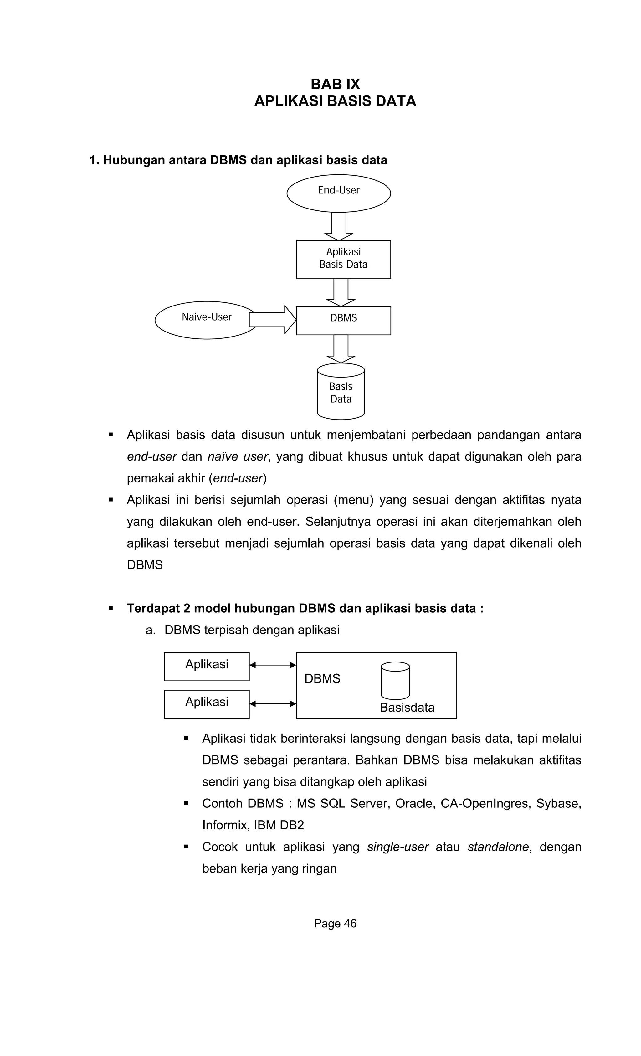 BAB IX
APLIKASI BASIS DATA
1. Hubung
Apl disusun untuk menjembatani perbedaan pandangan antara
end-user n
pem ser)
Aplikasi in b
yang dilakukan oleh end-user. Selanjutnya operasi ini akan diterjemahkan oleh
aplikasi tersebut menjadi sejumlah operasi basis data yang dapat dikenali oleh
DBMS
Terdapat 2 model hubungan DBMS dan aplikasi basis data :
a. DBMS terpisah dengan aplikasi
Aplikasi tidak berinteraksi langsung dengan basis data, tapi melalui
DBMS sebagai perantara. Bahkan DBMS bisa melakukan aktifitas
sendiri yang bisa ditangkap oleh aplikasi
Contoh DBMS : MS SQL Server, Oracle, CA-OpenIngres, Sybase,
Informix, IBM DB2
Cocok untuk aplikasi yang single-user atau standalone, dengan
beban kerja yang ringan
an antara DBMS dan aplikasi basis data
ikasi basis data
da naïve user, yang dibuat khusus untuk dapat digunakan oleh para
akai akhir (end-u
i erisi sejumlah operasi (menu) yang sesuai dengan aktifitas nyata
Aplikasi
Basis Data
DBMS
End-User
Naive-User
Basis
Data
Aplikasi
DBMS
BasisdataAplikasi
Page 46
 