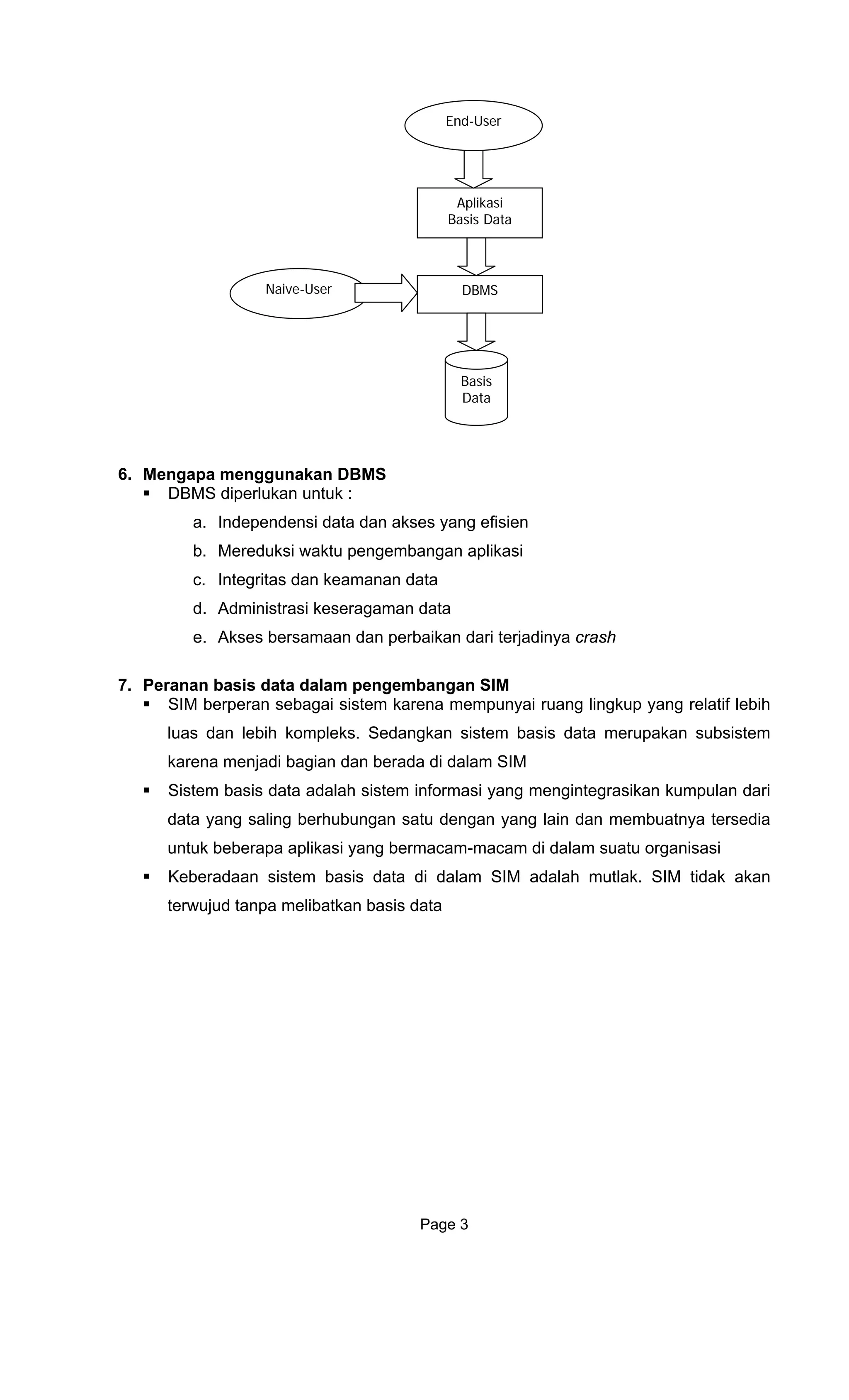 Aplikasi
Basis Data
DBMS
Basis
Data
End-User
Naive-User
6. Mengapa menggunakan DBMS
DBMS diperlukan untuk :
a. Independensi data dan akses yang efisien
b. Mereduksi waktu pengembangan aplikasi
c. Integritas dan keamanan data
d. Administrasi keseragaman data
e. Akses bersamaan dan perbaikan dari terjadinya crash
7. Peranan basis data dalam pengembangan SIM
SIM berperan sebagai sistem karena mempunyai ruang lingkup yang relatif lebih
luas dan lebih kompleks. Sedangkan sistem basis data merupakan subsistem
karena menjadi bagian dan berada di dalam SIM
Sistem basis data adalah sistem informasi yang mengintegrasikan kumpulan dari
data yang saling berhubungan satu dengan yang lain dan membuatnya tersedia
untuk beberapa aplikasi yang bermacam-macam di dalam suatu organisasi
Keberadaan sistem basis data di dalam SIM adalah mutlak. SIM tidak akan
terwujud tanpa melibatkan basis data
Page 3
 