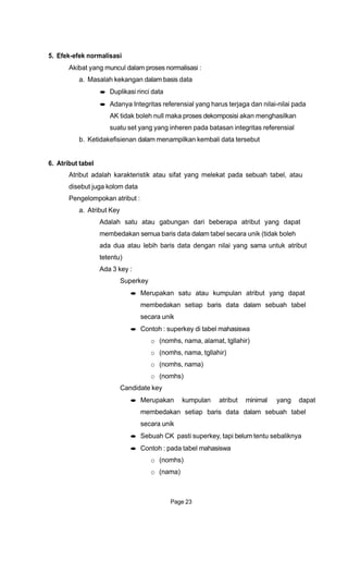 5. Efek-efek normalisasi
Akibat yang muncul dalam proses normalisasi :
a. Masalah kekangan dalam basis data
Duplikasi rinci data
Adanya Integritas referensial yang harus terjaga dan nilai-nilai pada
AK tidak boleh null maka proses dekomposisi akan menghasilkan
suatu set yang yang inheren pada batasan integritas referensial
b. Ketidakefisienan dalam menampilkan kembali data tersebut
6. Atribut tabel
Atribut adalah karakteristik atau sifat yang melekat pada sebuah tabel, atau
disebut juga kolom data
Pengelompokan atribut :
a. Atribut Key
Adalah satu atau gabungan dari beberapa atribut yang dapat
membedakan semua baris data dalam tabel secara unik (tidak boleh
ada dua atau lebih baris data dengan nilai yang sama untuk atribut
tetentu)
Ada 3 key :
Superkey
Merupakan satu atau kumpulan atribut yang dapat
membedakan setiap baris data dalam sebuah tabel
secara unik
Contoh : superkey di tabel mahasiswa
o (nomhs, nama, alamat, tgllahir)
o (nomhs, nama, tgllahir)
o (nomhs, nama)
o (nomhs)
Candidate key
Merupakan kumpulan atribut minimal yang dapat
membedakan setiap baris data dalam sebuah tabel
secara unik
Sebuah CK pasti superkey, tapi belum tentu sebaliknya
Contoh : pada tabel mahasiswa
o (nomhs)
o (nama)
Page 23
 