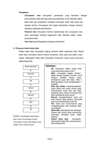 Penjelasan :
- Conceptual view merupakan pandangan yang berkaitan dengan
permasalahan data-data apa saja yang diperlukan untuk disimpan dalam
basis data dan penjelasan mengenai hubungan antar data yang satu
dengan lainnya. Conceptual view dapat disetarakan dengan schema,
dilakukan database administrator
- Physical view merupakan bentuk implementasi dari conceptual view,
yaitu pandangan tentang bagaimana data disimpan dalam media
penyimpan data
- User view dapat disejajarkan dengan sub-schema
4. Penyusun sistem basis data
Sistem basis data merupakan lingkup terbesar dalam organisasi data. Sistem
basis data mencakup semua bentuk komponen data yang ada dalam suatu
sistem. Sedangkan basis data merupakan komponen utama yang menyusun
sistem basis data
Sistem basis data
basis data
File
Record
Data item
Byte
Bit
Contoh : Data bilangan bulat (integer),
Byte (1 byte), Small-Integer (2 byte),
Long Integer (4 byte), Data bilangan nyata,
Single (4 byte), Double (8 byte).
Keterangan :
Bit, merupakan sistem angka biner
yang terdiri atas angka 0 dan 1
Byte, merupakan bagian terkecil,
dapat berupa karakter numerik, huruf,
ataupun karakter khusus yang
membentuk suatu item data / field. 1
Byte digunakan untuk mengkodekan 1
karakter
Data item (field), merepresentasikan
suatu atribut dari suatu record yang
menunjukkan suatu item dari data,
misalnya nama, alamat. Kumpulan dari
field membentuk suatu record
Record, menggambarkan suatu unit
data individu yang tertentu. Kumpulan
dari record membentuk suatu file.
File, terdiri dari record-record yang
menggambarkan satu kesatuan data
yang sejenis
Basis data, sekumpulan dari berbagai
macam tipe record yang mempunyai
hubungan terhadap suatu objek
tertentu
Sistem basis data, merupakan
sekumpulan basis data, yang tersusun
dari beberapa file
Page 6
 