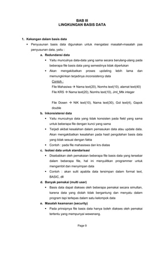 BAB III
LINGKUNGAN BASIS DATA
1. Kekan n dalam basis data
Penyusunan basis
penyusunan data, yaitu :
a. Re
Akan mengakibatkan proses updating lebih lama dan
inconsistency data
ga
data digunakan untuk mengatasi masalah-masalah paa
dundansi data
Yaitu munculnya data-data yang sama secara berulang-ulang pada
beberapa file basis data yang semestinya tidak diperlukan
memungkinkan terjadinya
Contoh :
File Mahasiwa Nama text(20), Nomhs text(10), alamat text(40)
t(10), Nama text(30), Gol text(4), Gapok
double
b. Inkonsistensi data
Yaitu munculnya dat ama
untuk beberapa file de
Ter .
Akan mengakibatkan kesalahan pada hasil pengolahan basis data
sesuai dengan fakta
krs diatas
c. Isolas
Disebabka o a yang tersebar
dalam beberapa file, hal ini menyulitkan programmer untuk
mengamb
Contoh : ak
BASIC, dll
d. Banyak pemakai (multi user)
Basis data
karena data
program tapi terlepas dalam satu kelompok data
e. Masalah kea
Pada prinsipn
tertentu yang
File KRS Nama text(20), Nomhs text(10), Jml_Mtk integer
File Dosen NIK tex
a yang tidak konsisten pada field yang s
ngan kunci yang sama
jadi akibat kesalahan dalam pemasukan data atau update data
yang tidak
Contoh : pada file mahasiswa dan
i data untuk standarisasi
n leh pemakaian beberapa file basis dat
il dan menyimpan data
an sulit apabila data tersimpan dalam format text,
dapat diakses oleh beberapa pemakai secara simultan,
yang diolah tidak bergantung dan menyatu dalam
manan (security)
ya file basis data hanya boleh diakses oleh pemakai
mempunyai wewenang.
Page 9
 